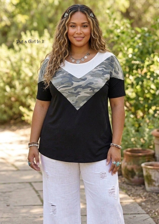 New Plus Size Women’s Black Chevron USA Camouflage Camo Shirt XL 1X 2X 3X Boho
