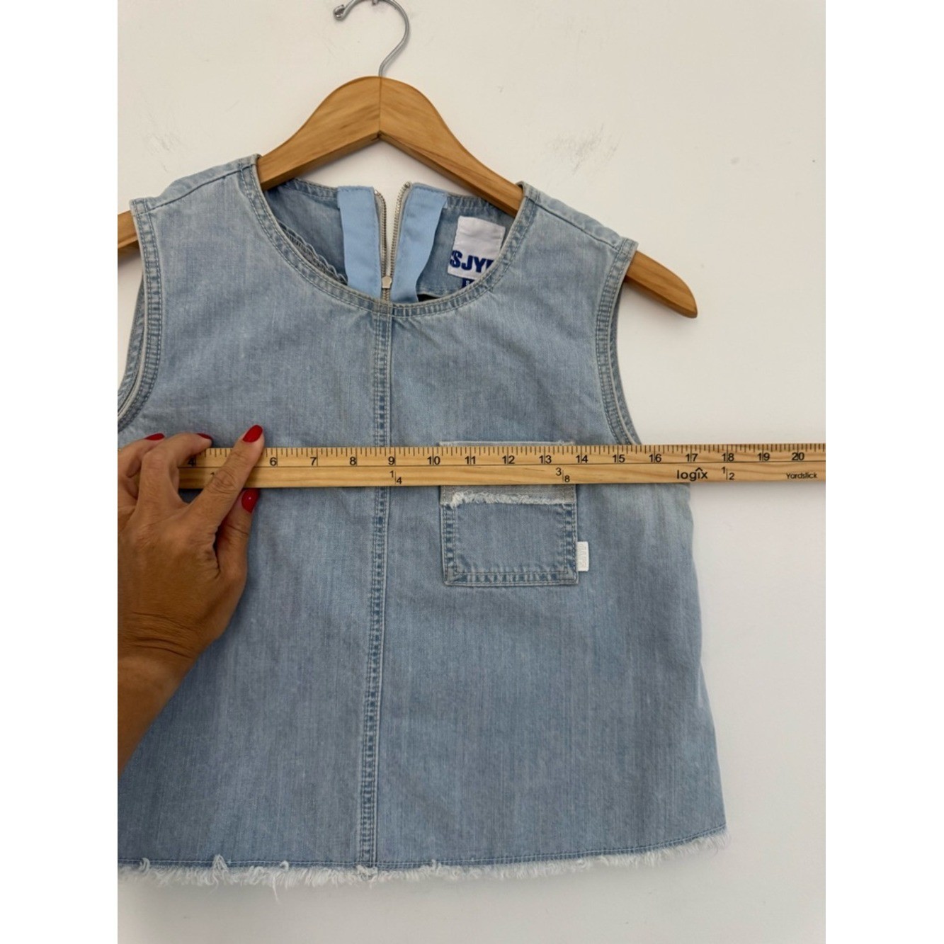 Light Wash Denim Sleeveless Boxy Top with Front Pocket