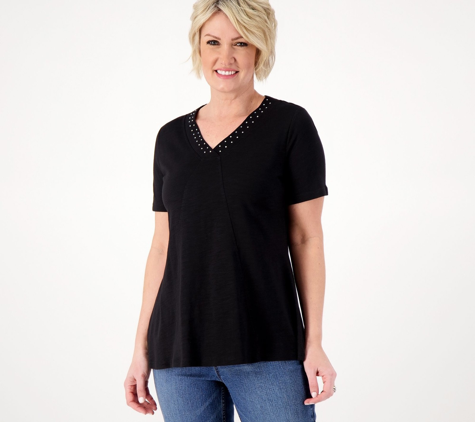 Top Knot Women’s Sz M Rhinestuds Embellished Short Sleeve Swing Black A596315