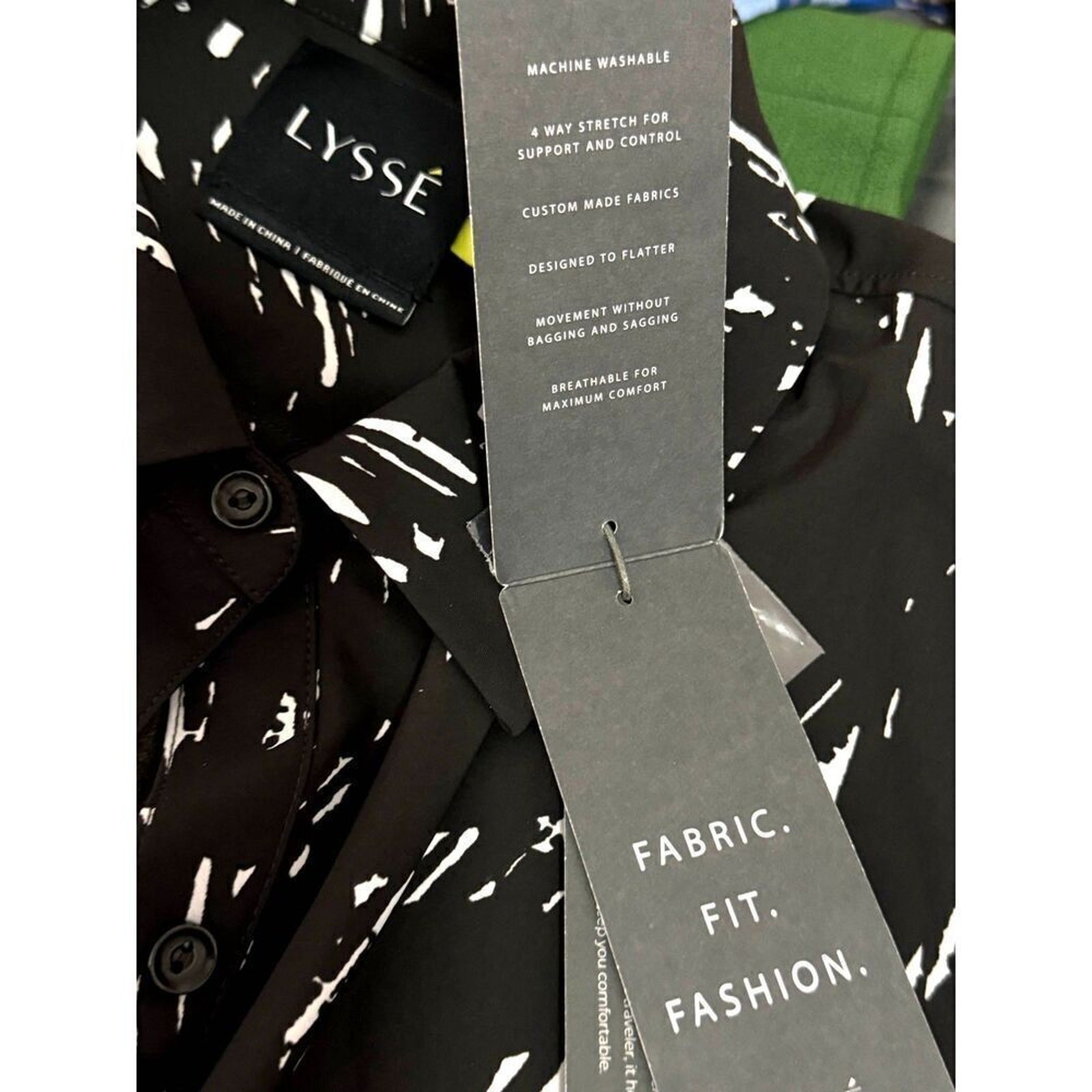 NWT Lyssé Nylon Blend Long Sleeve Designer Top Sz L Black and White Design