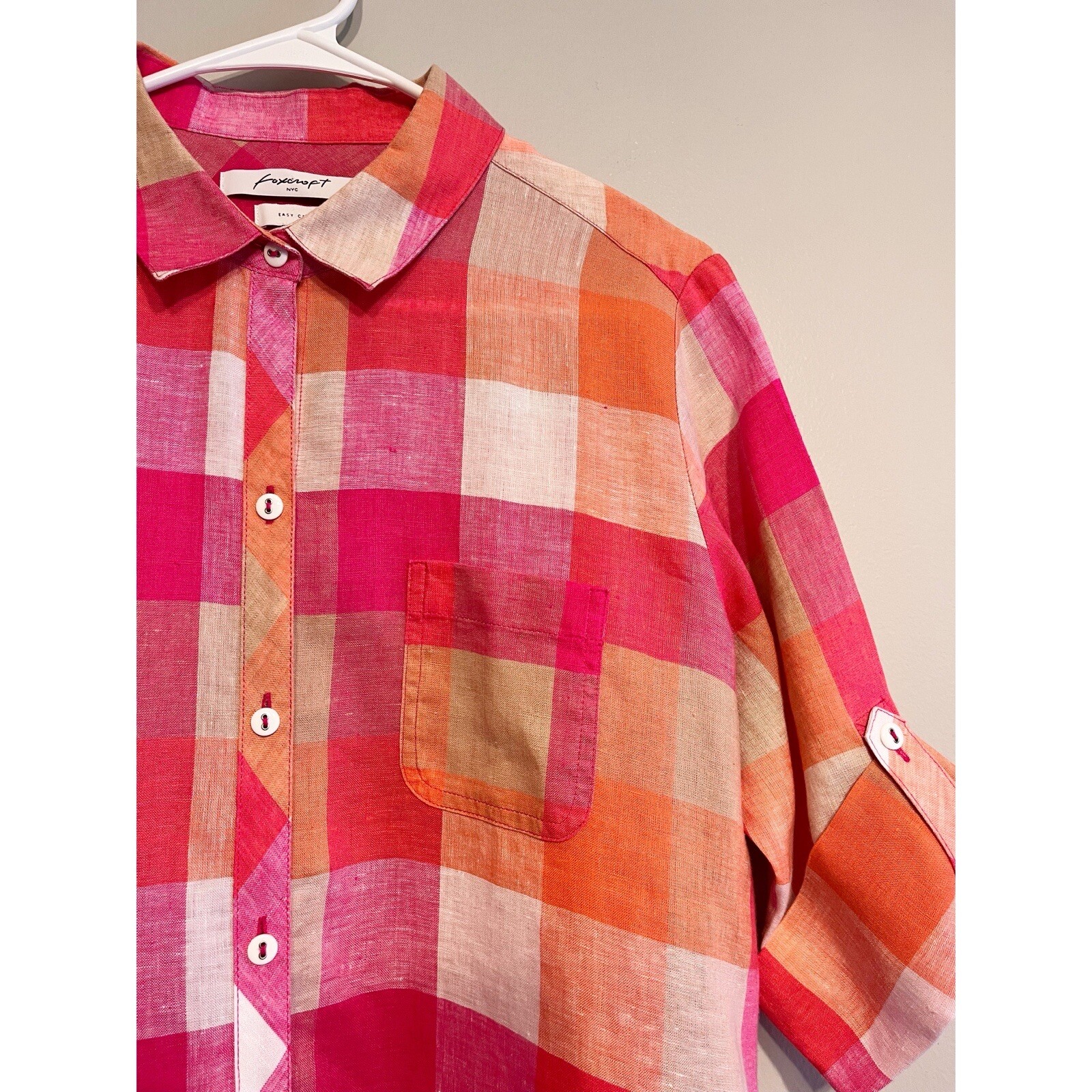 Foxcroft Easy Care Linen Tamara Check Top in Pink and Orange Petite 14