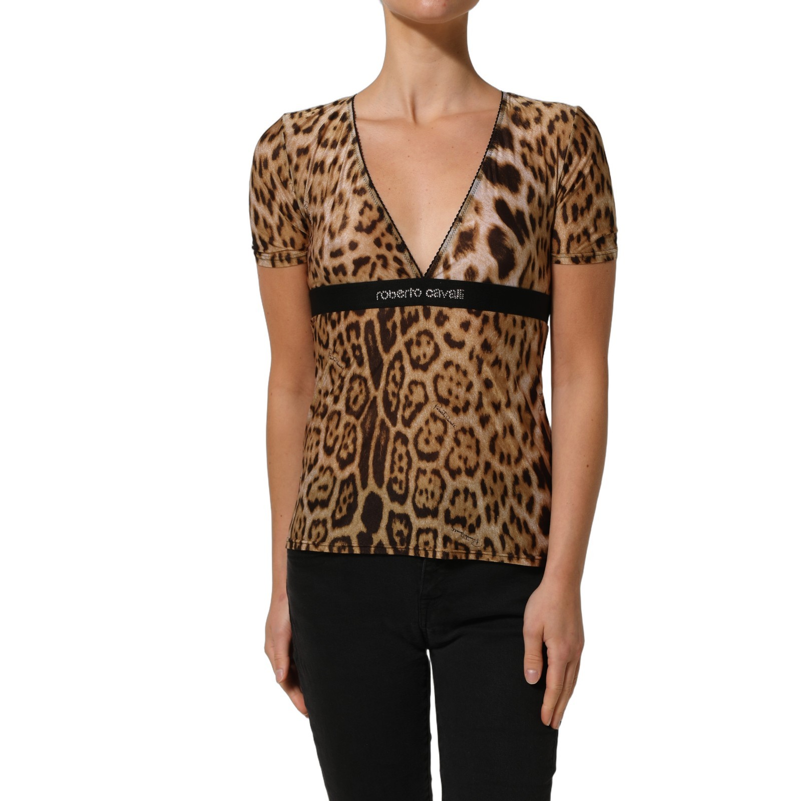 ROBERTO CAVALLI Top Brown Leopard Print Short Sleeves V-neck IT46/US12/XL 300usd
