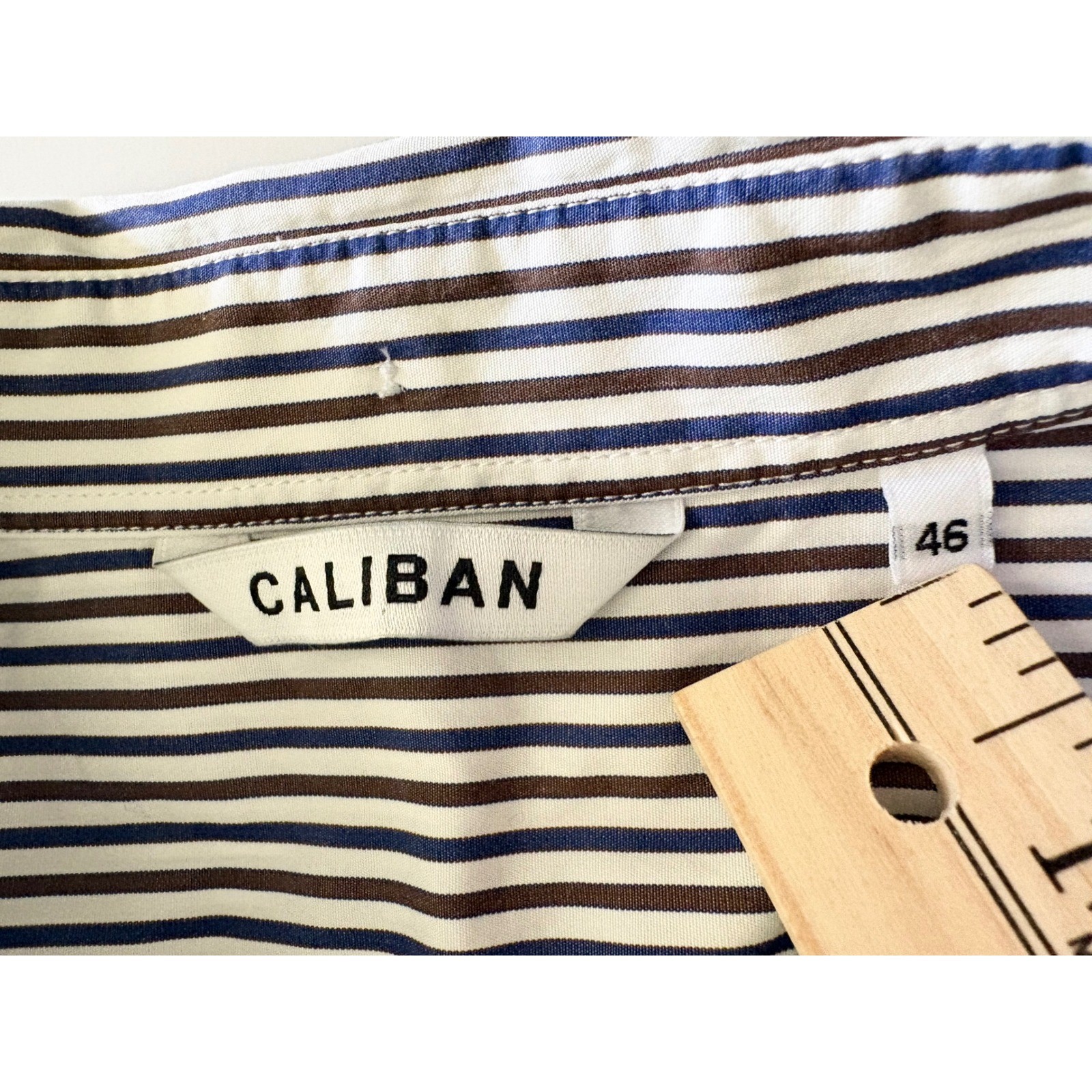 Caliban Italy Striped Button Down Shirt Navy Brown White Gathered Shoulder 46
