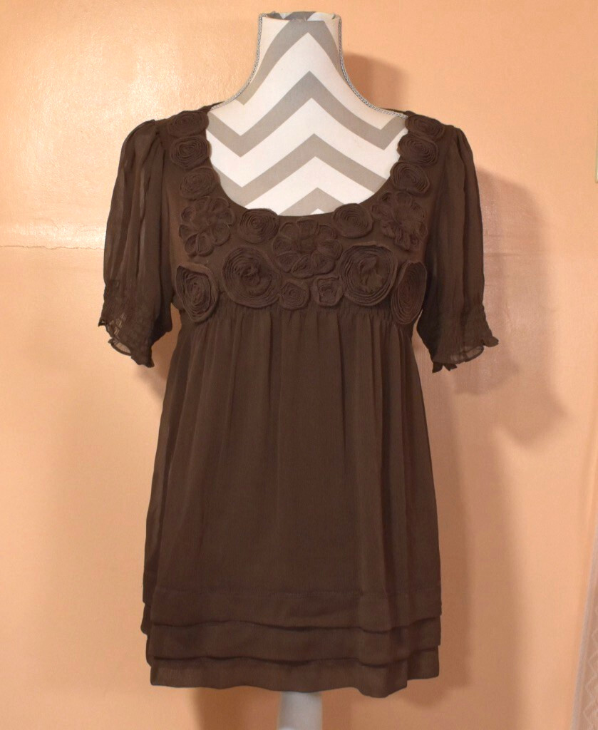 ECI New York Brown Chiffon Short Sleeve Babydoll Lined Blouse, Rosettes, Size 10