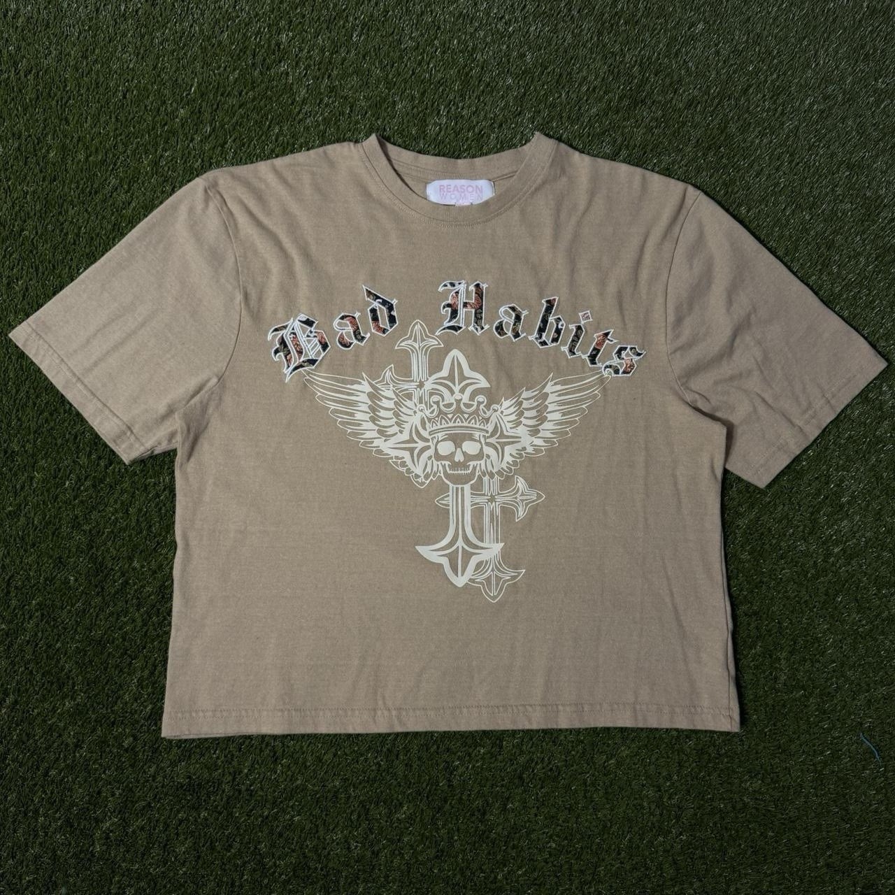 Reason Women Bad Habits Cross Skull Wing Graphic Crop T-Shirt Size L