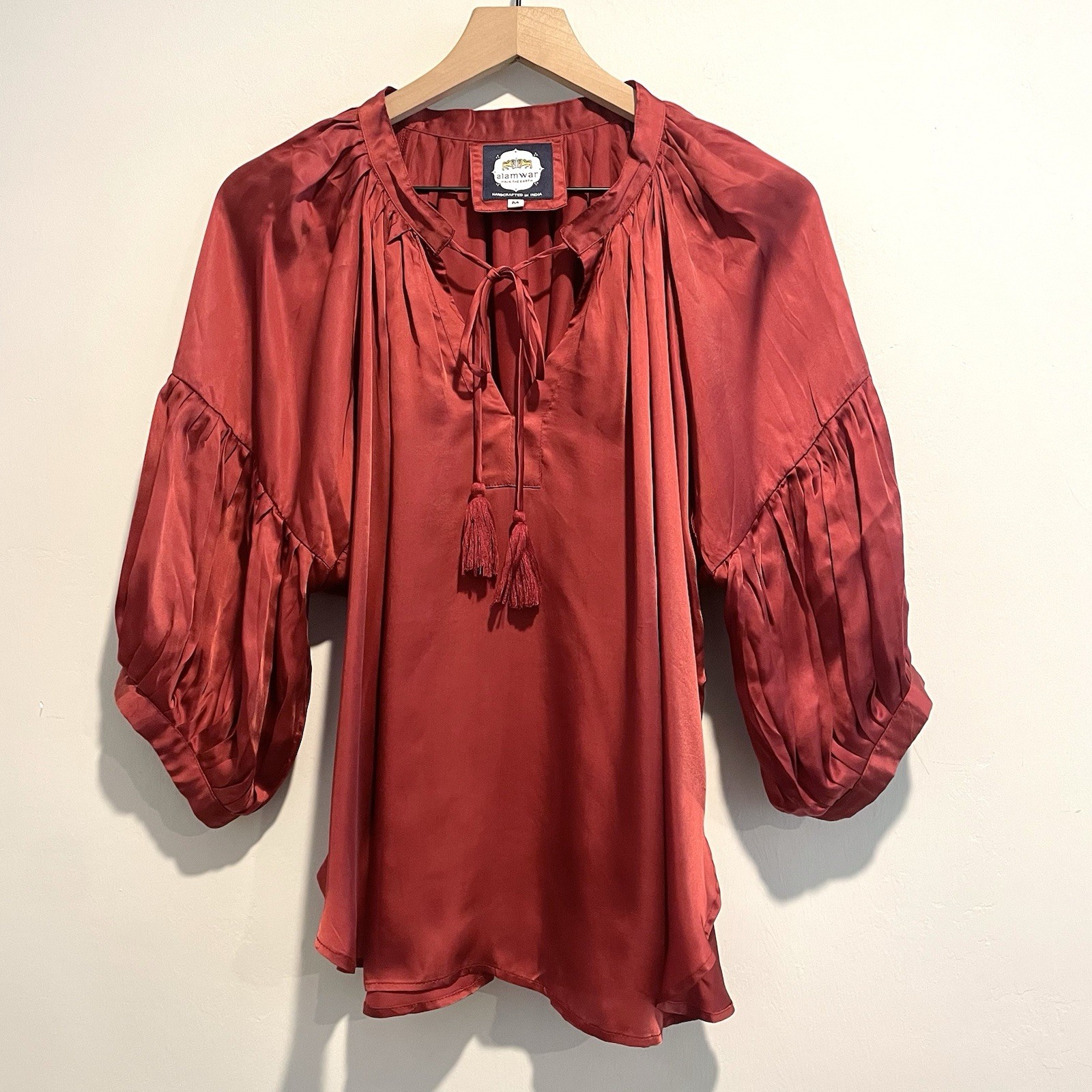 ALAMWAR Anthropologie Women’s M Pleated Dolman Sleeve Tassel Tie Top Satin