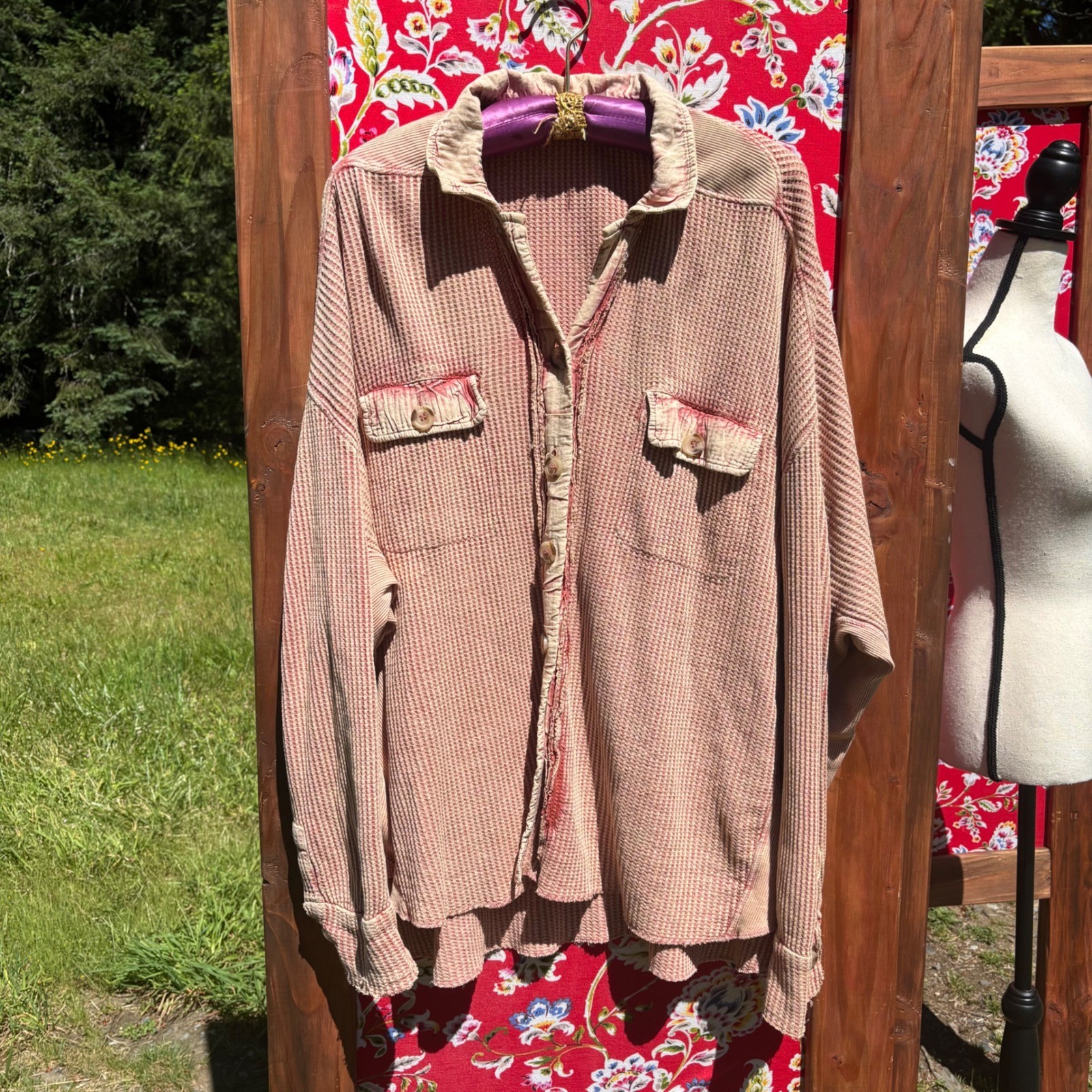 Free People FP One Scout Jacket Salmon Oversized Waffle Knit Thermal Top Size S