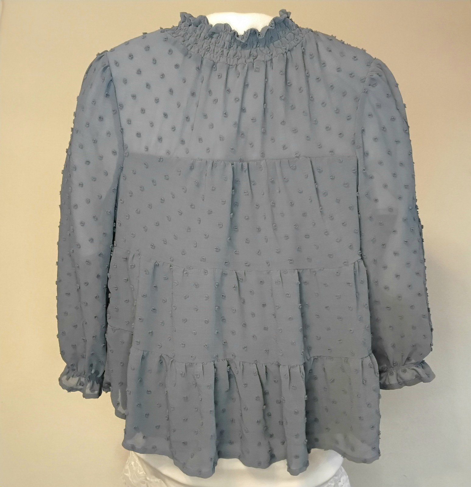 Monteau LA Boho WomensLg Top Dusty Blue Peplum Chiffon Peasant Sleeves Ruffle