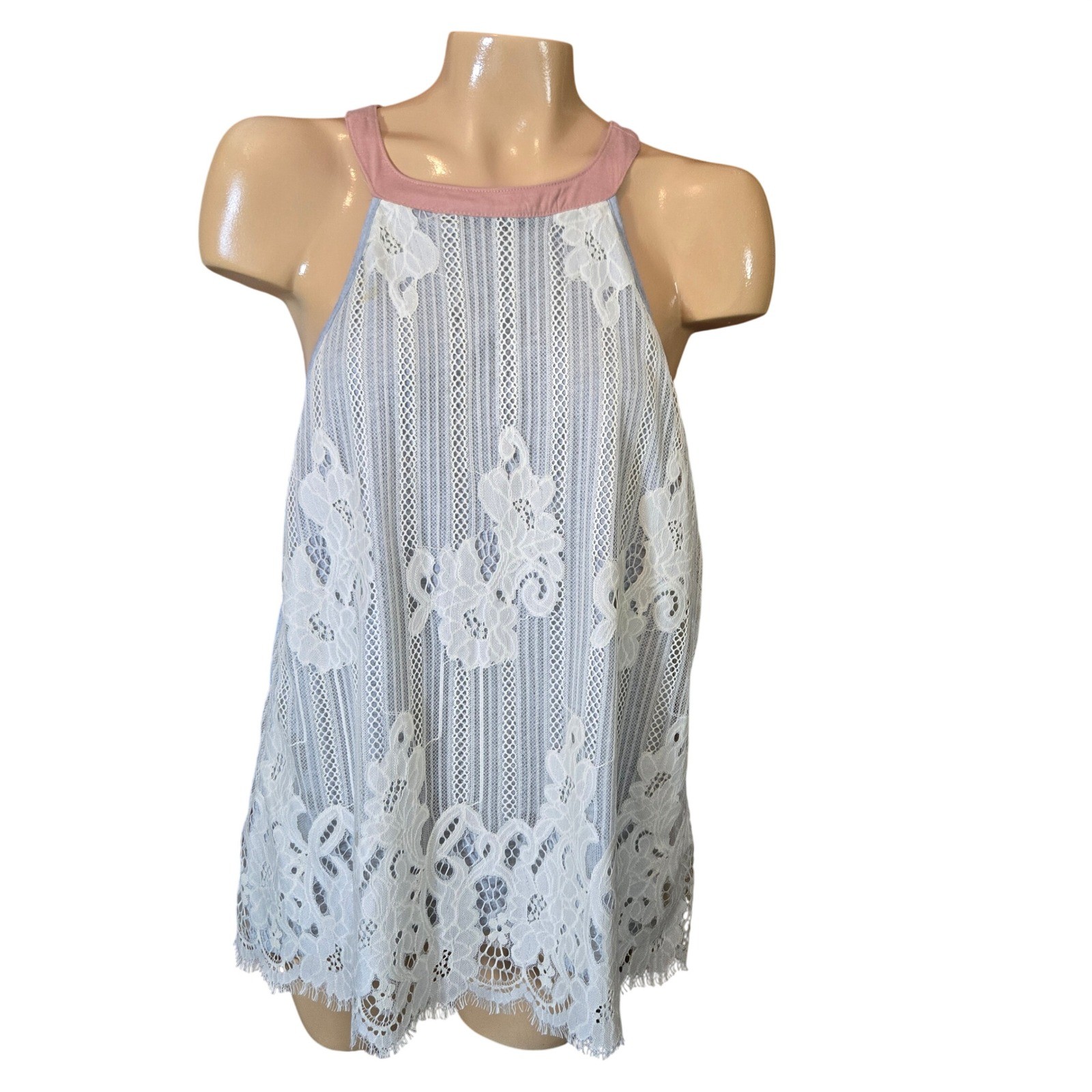 Hint of Mint Womens Tank Top Gray Mauve Size Large Lace Overlay Halter Festival