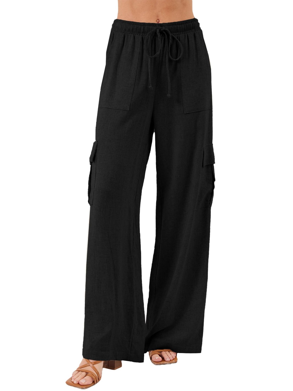 Womens Linen Pants Casual High Waisted Wide Leg Baggy Trousers Pockets