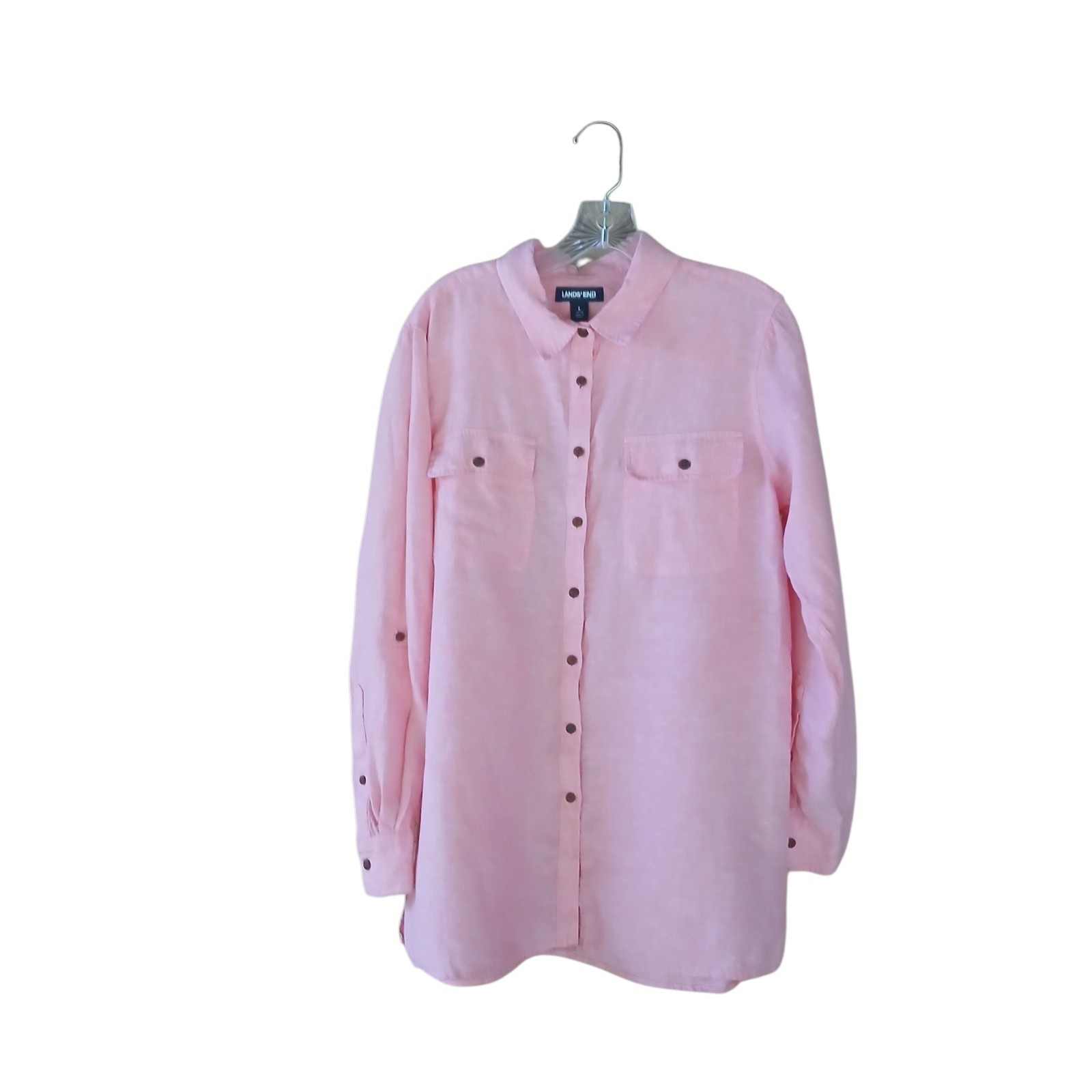 Lands’ End Women’s Shirt Long Sleeved Button Up Linen Peach Pink Large (14-16)