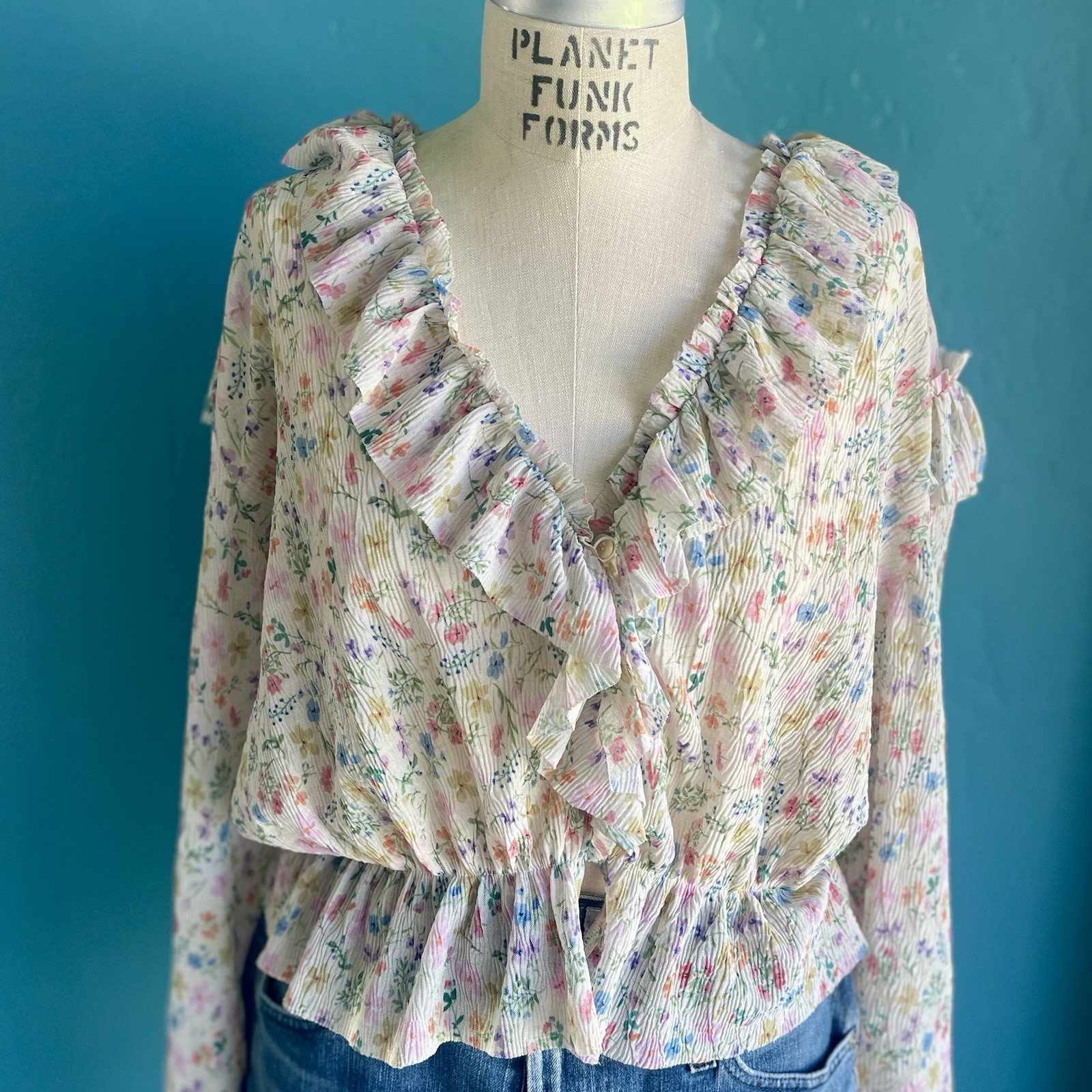 Anthropologie Womens Floral Mesh Ruffle Smocked V-Neck Puff Blouse L Boho Pretty