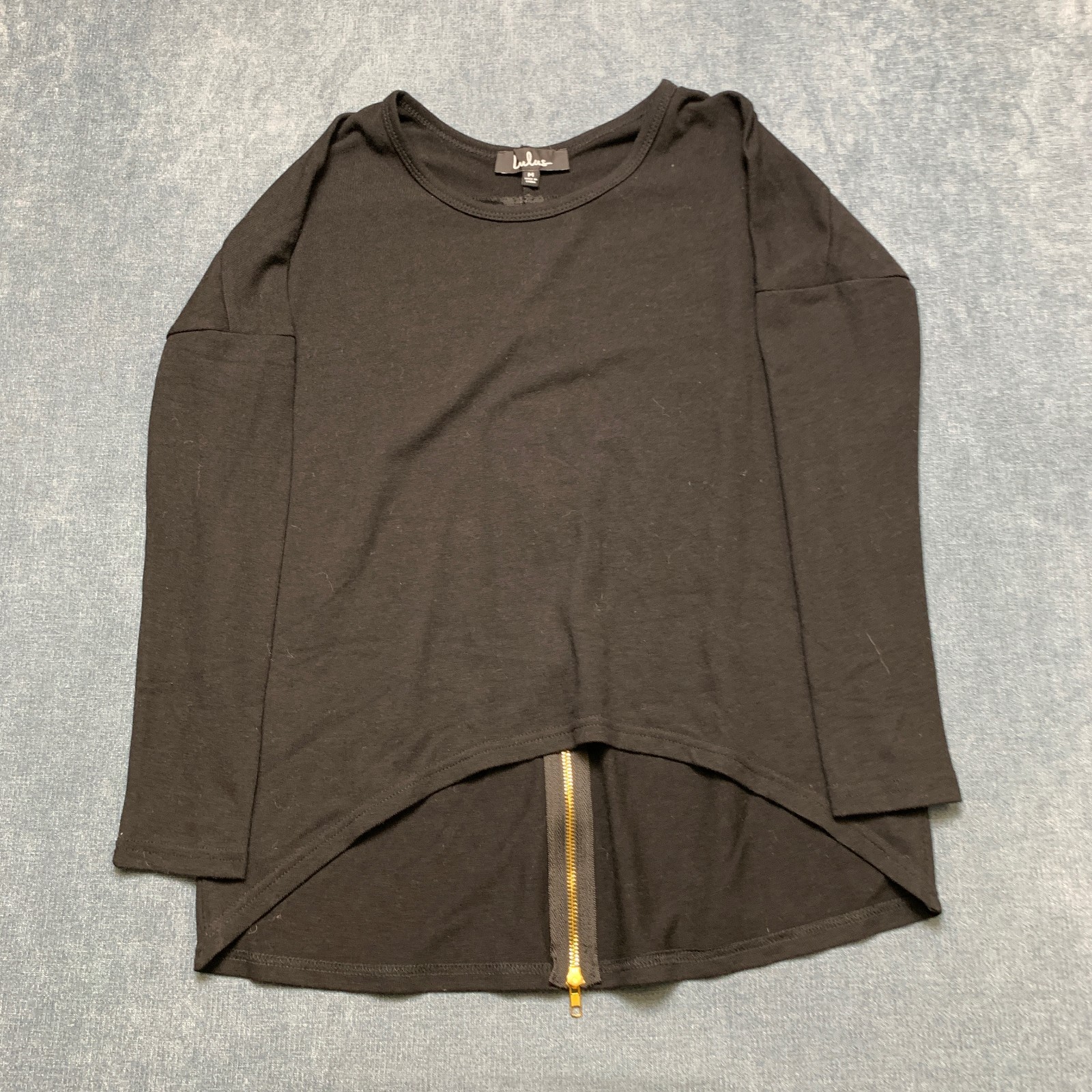 Lulus Blouse Top Womens Medium Black High-Low Hem Summer Long Sleeve Back Zip