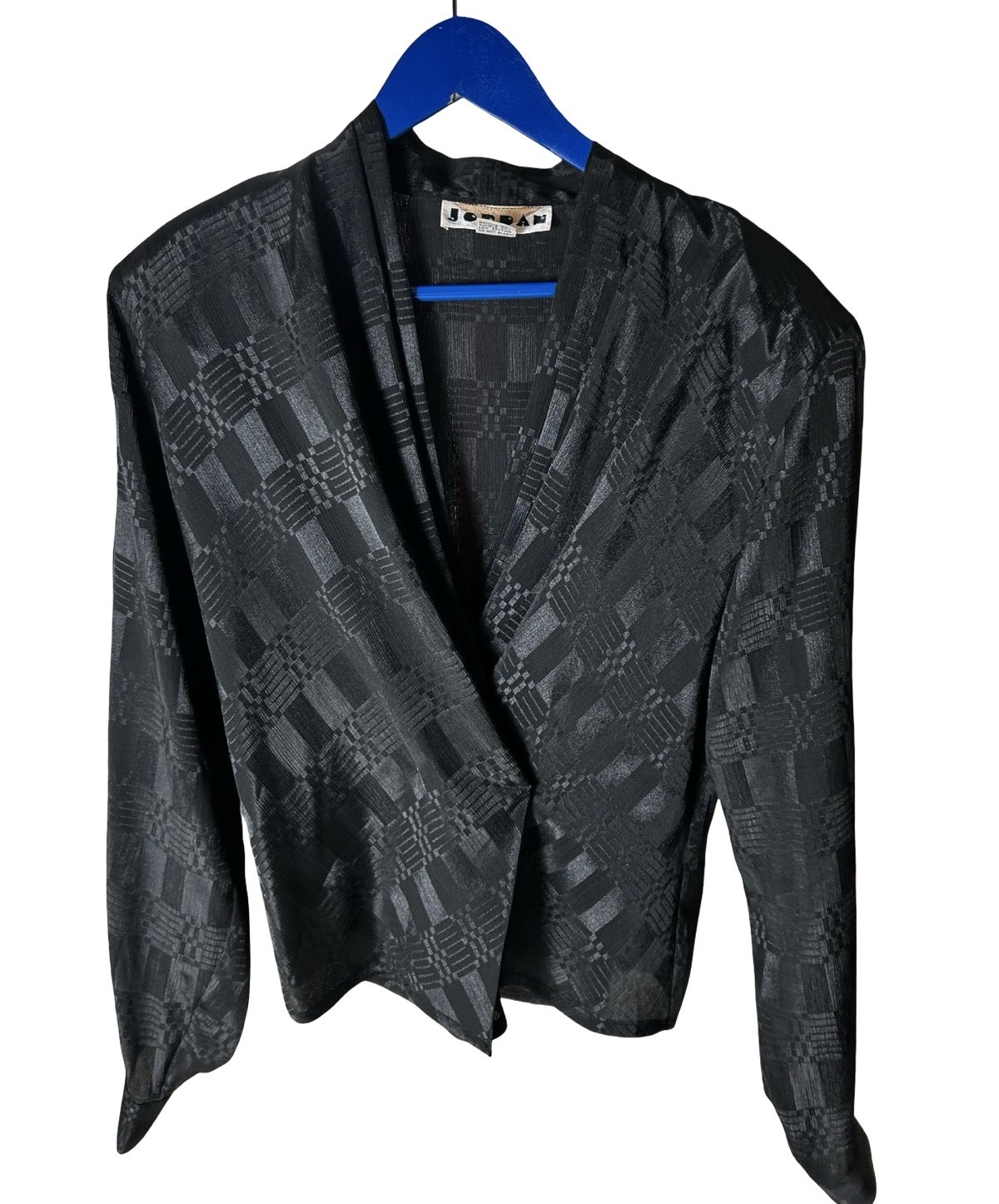 VTG Elegant Satin Wrap Blouse Sz 14 Black Bold Geometric Structured Slim Fitted