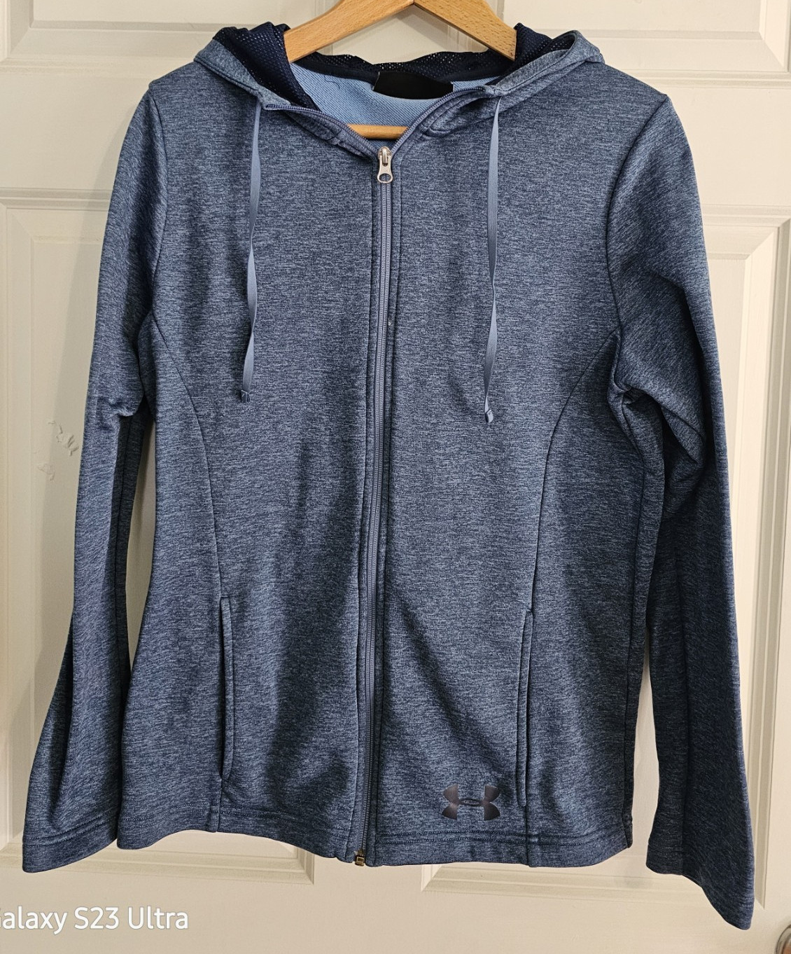Under Armour ColdGear Women’s Blue Full Zip Hoodie Hood Pockets Logo Loose SM