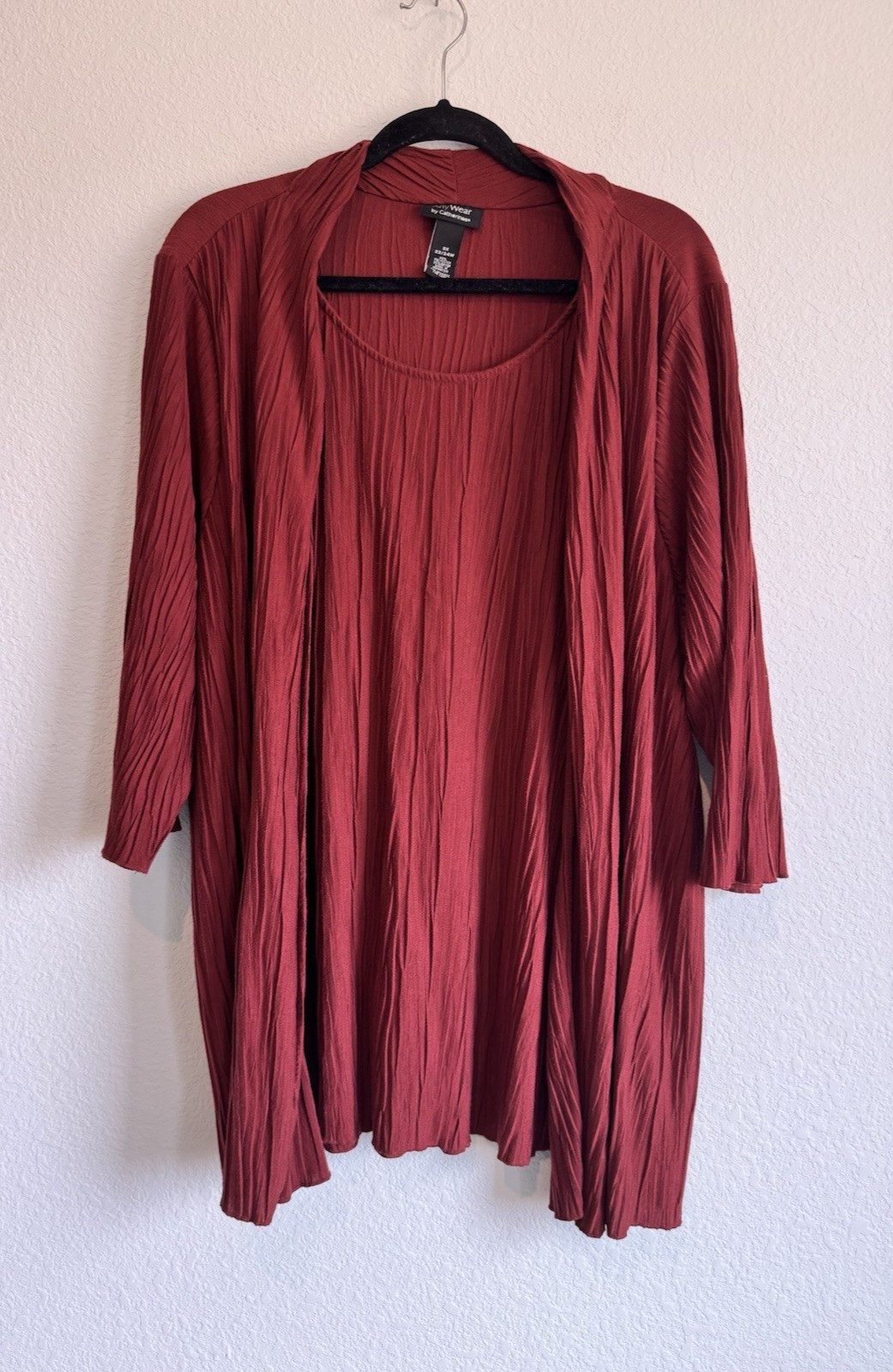 Any Wear by Catherines Red Blouse Attached Cardigan Crinkle Textured 2X