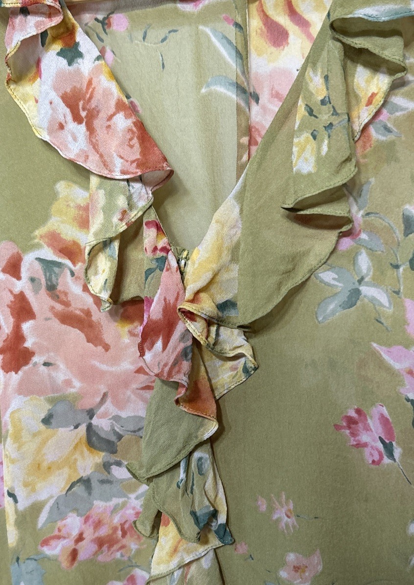 Linda Allard Ellen Tracy Silk Ruffle Sheer Floral Blouse Green Women’s Sz 12 Y2K