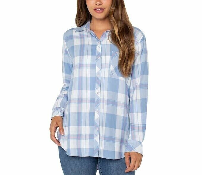 Well Worn Ladies’ 100% Viscose Button-Up Shirt, Blue Small