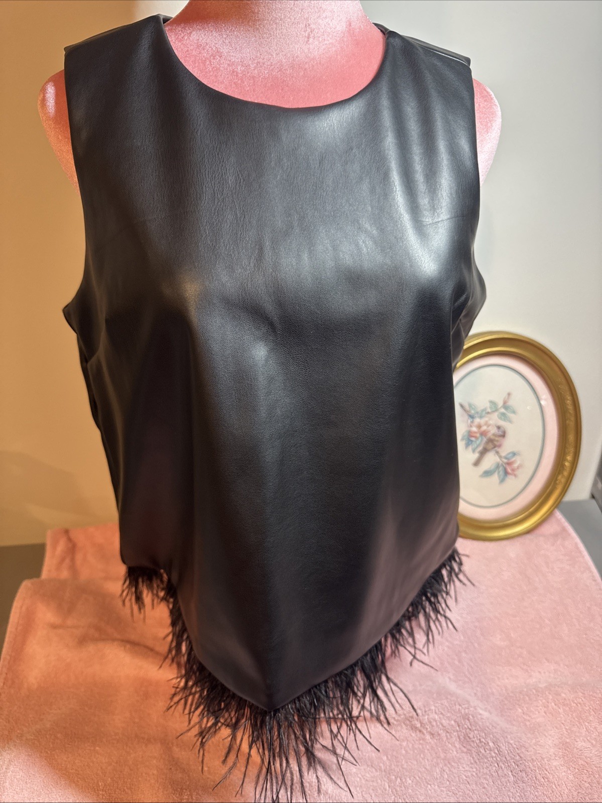 ForCynthia Faux Leather Feather Trim Tank Top Size Small