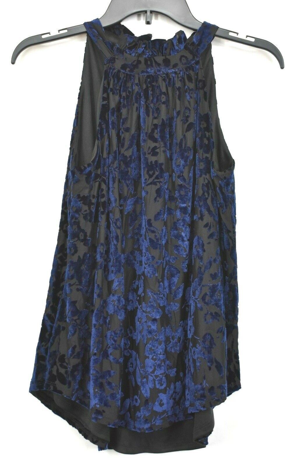 Gibson Womens Blue Sleeveless Tie-Up Neck Floral Flocked Velvet Halter Top XS