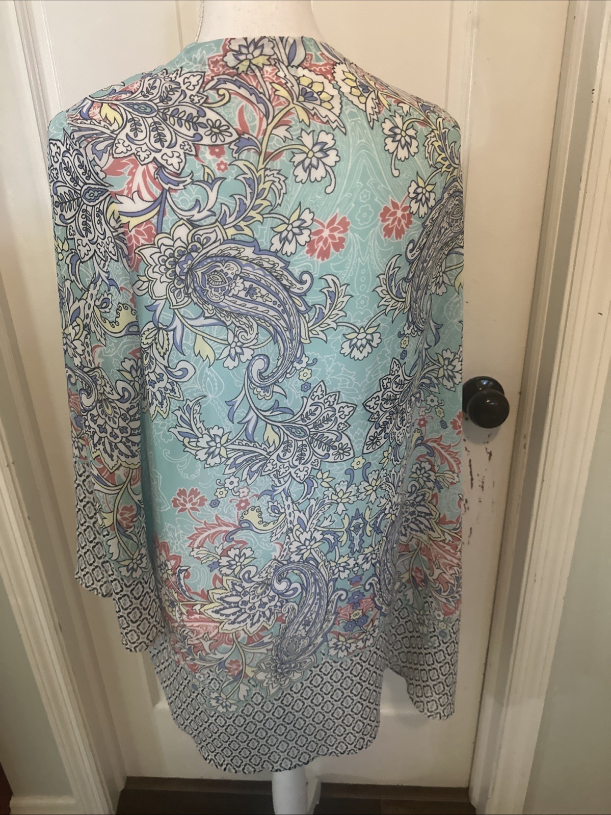 Belle by Kim Gravel Open Front Printed Woven Cardigan Kimono Style A377275 Sz L