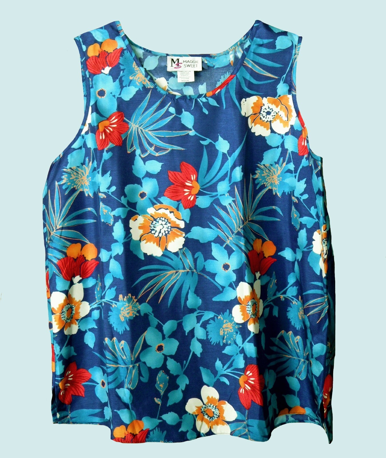 MAGGIE SWEET BLUE TROPICAL FLOWERED TANK, BUST ABOUT 41″, SIZE MEDIUM, NWOT