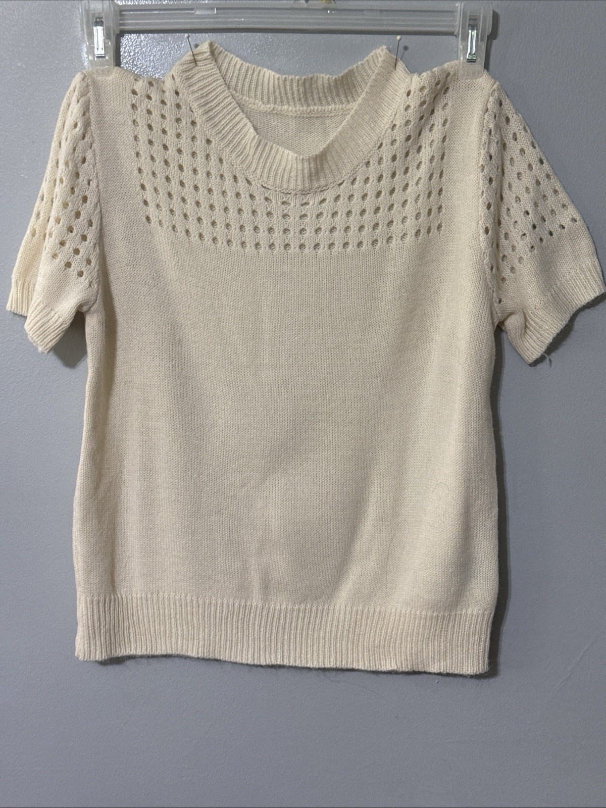 SHEIN Cream Pointelle Knit Sweater Top Short Sleeve Open Knit Yoke 100% Acrylic