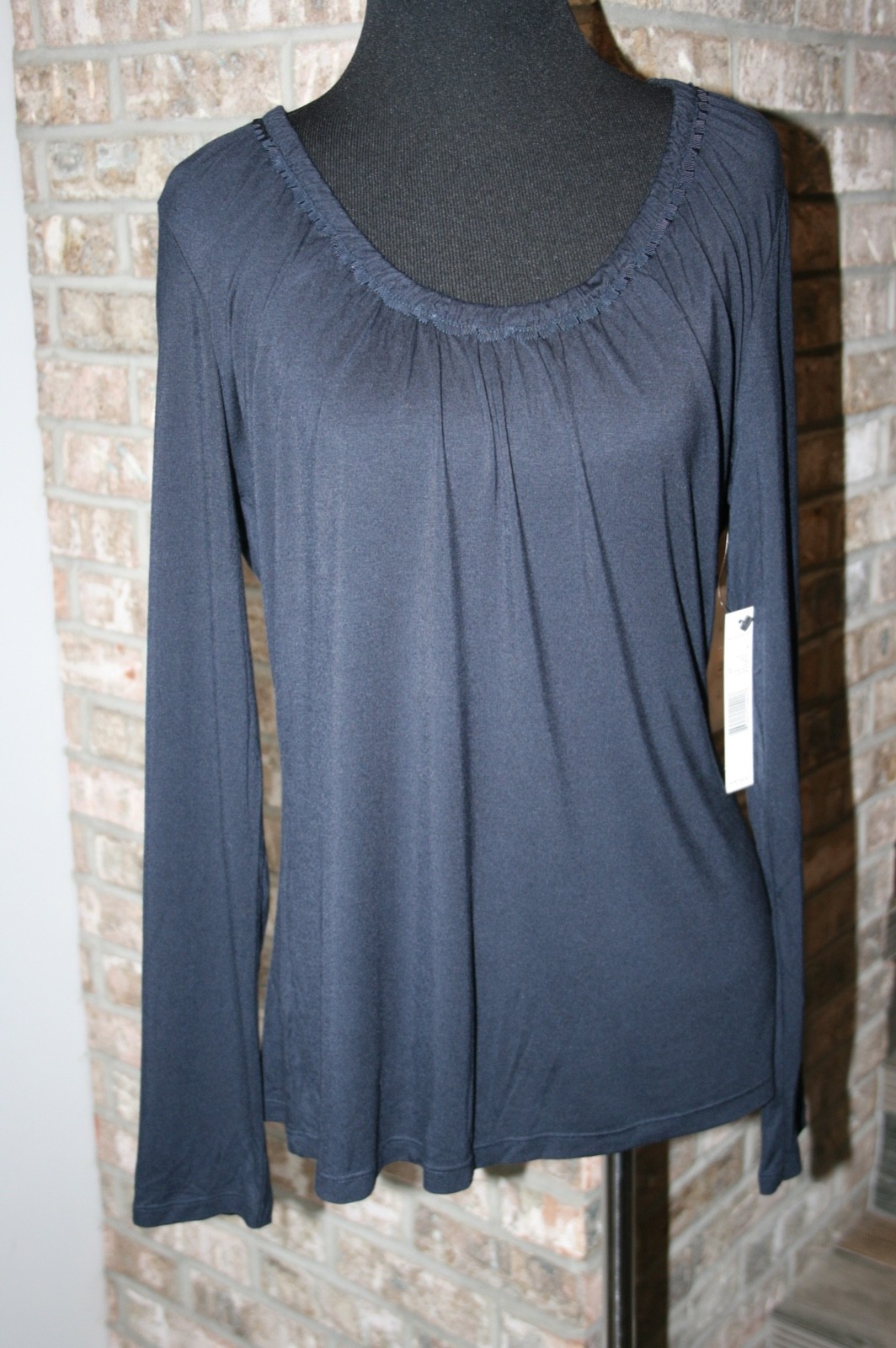 NEW Elie Tahari Womens Navy Blue Scoop Neck Long Sleeve Top SZ L