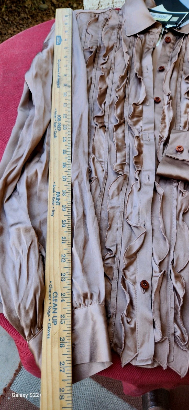 JUST CAVALLI SATEEN BLOUSE W/RUFFLES LONG SLEEVES KHAKI COLOR W SZ.12 /EU 48 NEW