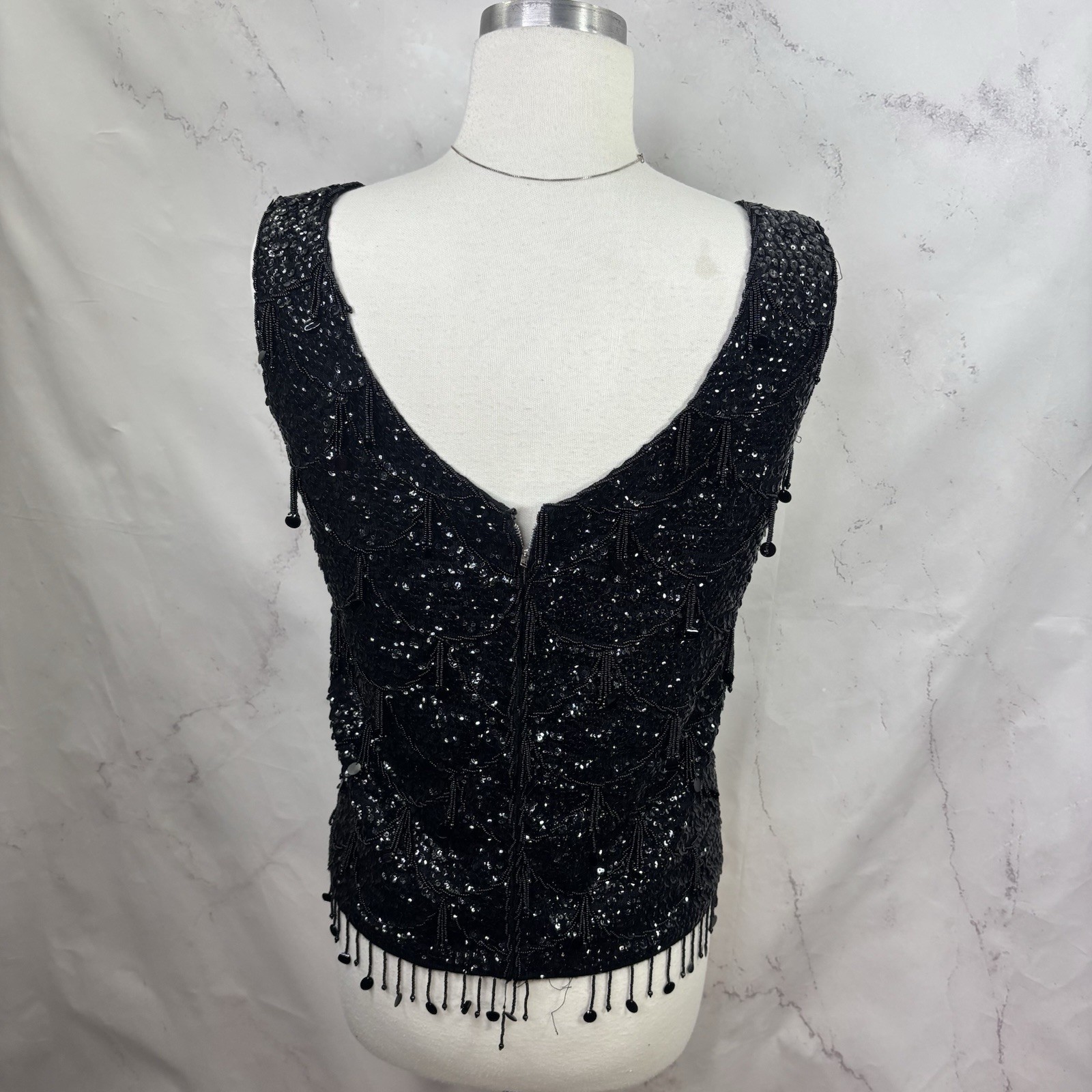 Vintage 60s Flapper Black Shiny Beaded Blouse Top Fringe Sequins Silk M Glam