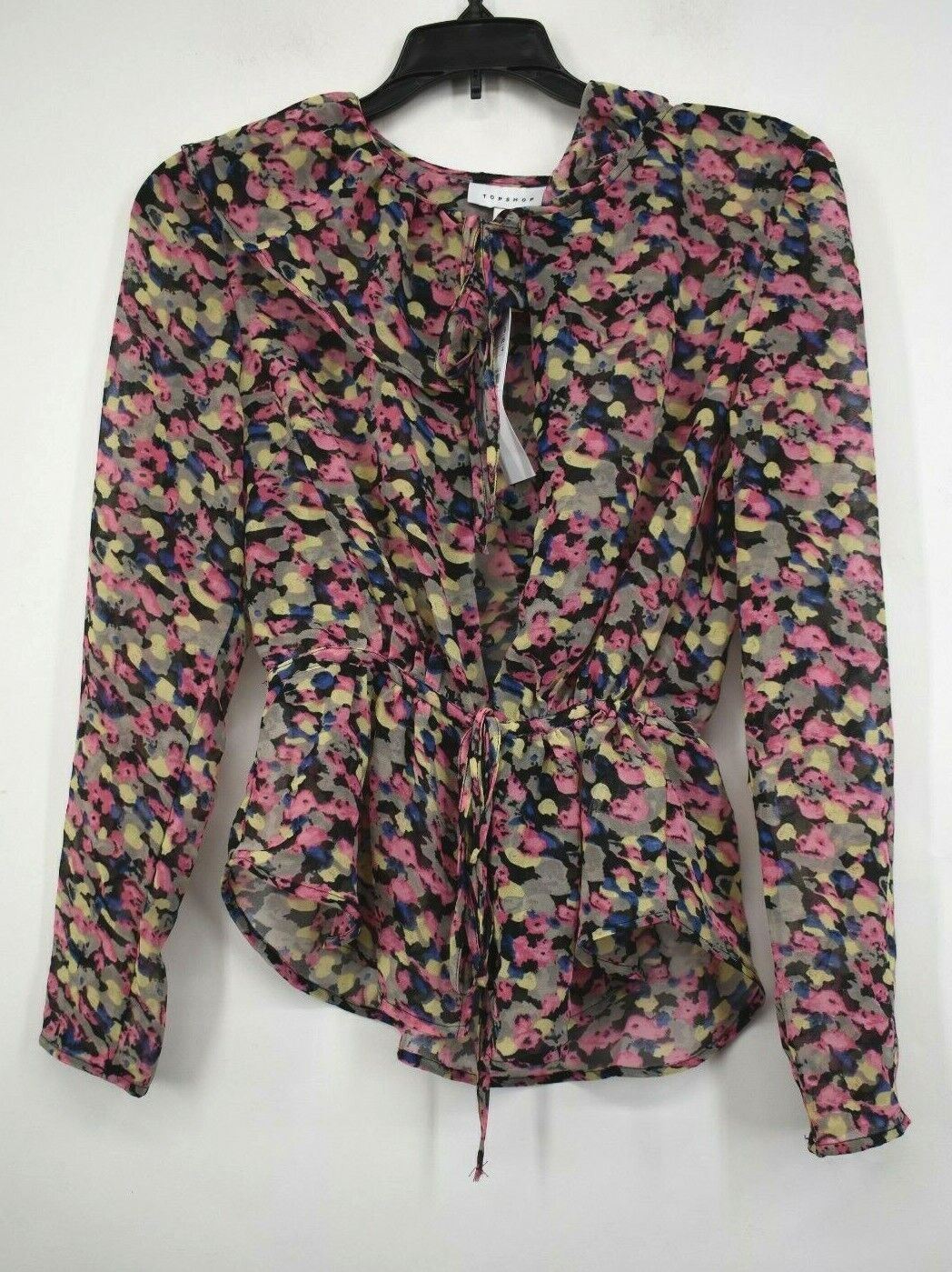 Topshop Womens Pink Front Button Drawstring Confetti Print Long Sleeve Blouse 4