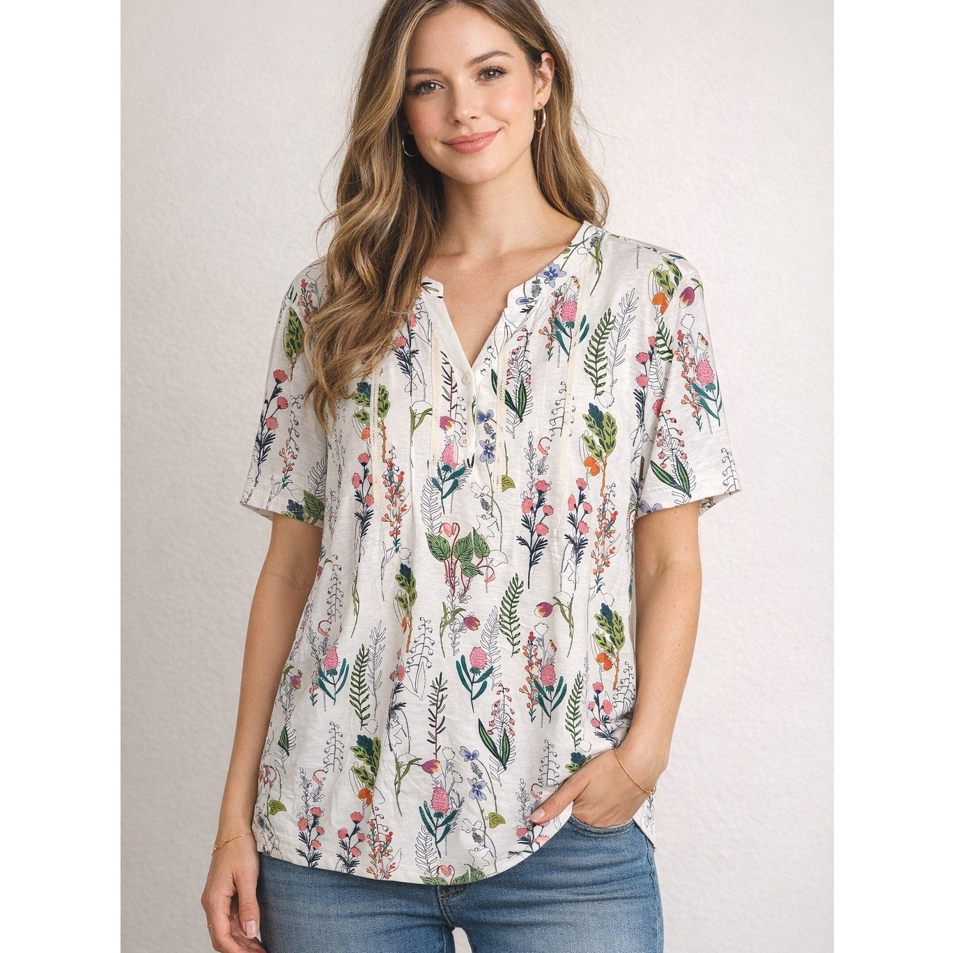 NWOT White Botanical Wildflower Floral Print Lace Trim Top 2X/XXL Spring Blouse