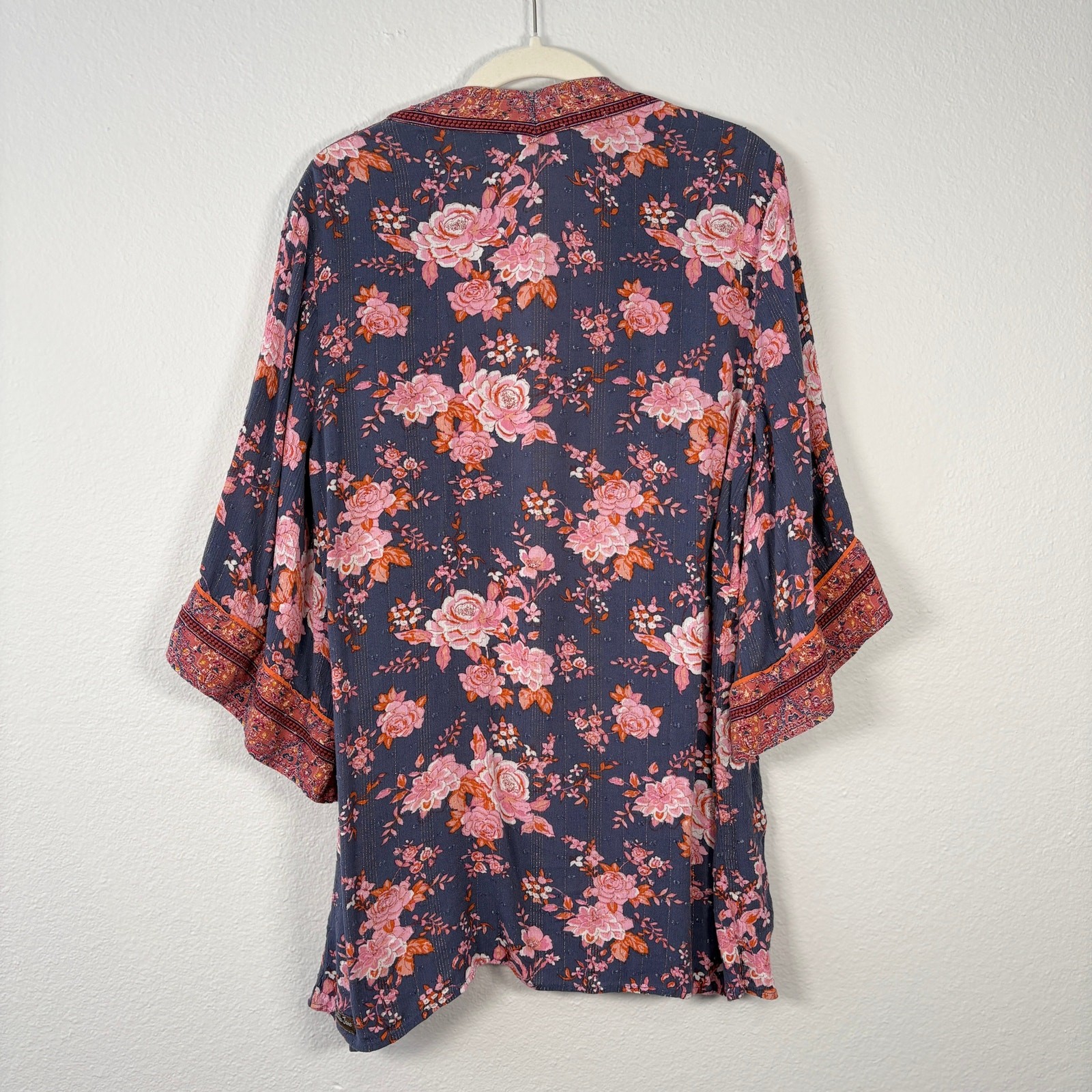 Matilda Jane Boho Hippie Open Front 3/4 Sleeve Metallic Floral Olivia Kimono Top