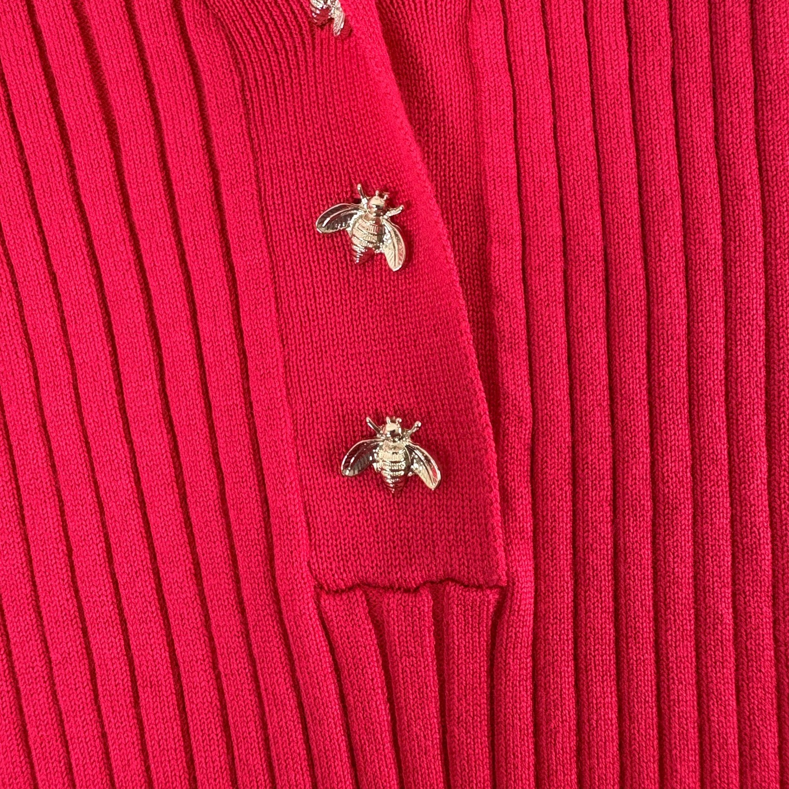 Magaschoni Ribbed Knit Top Womens L Spanish Rose Red Bee Button Short Sleeve NWT