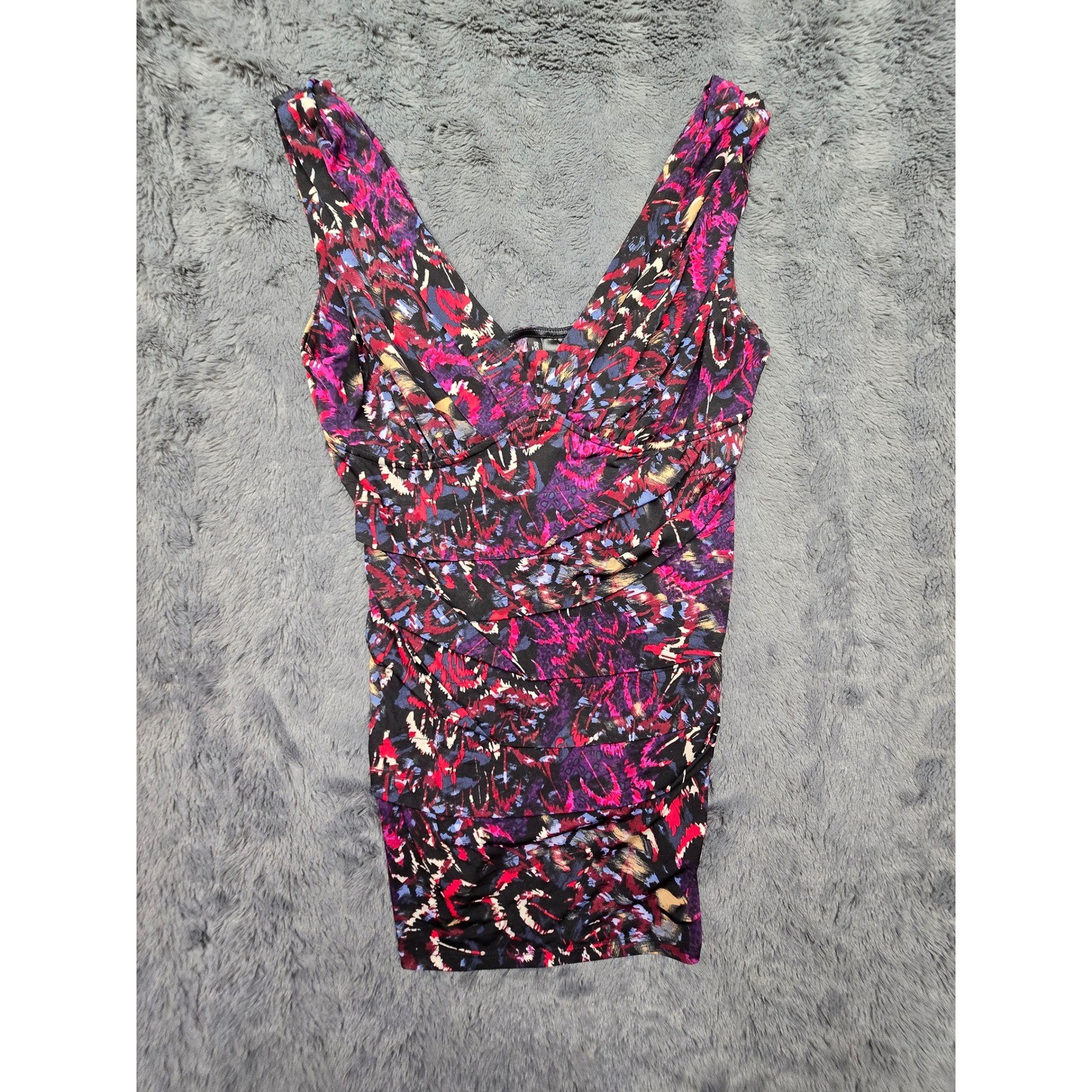 Bisou Bisou Michele Bohbot Womens Pink Purple Abstract Ruched V-Neck Top Large