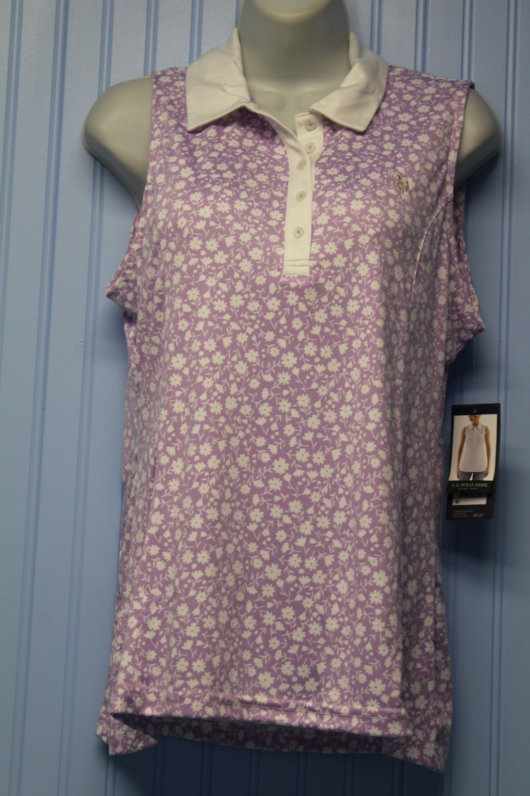U.S. Polo Assn. lavender flower print slvs pullover top with white collar L NWT