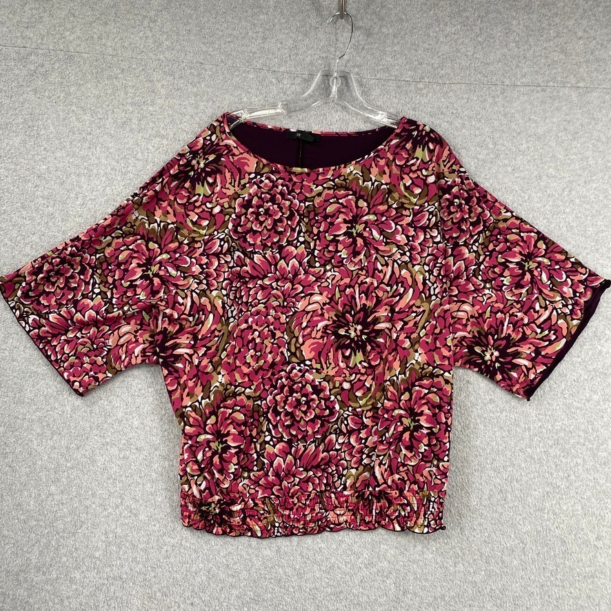 Style & Co Top Womens Large Pink Mesh Lined Smocked Hem Stretch Dolman Blouse