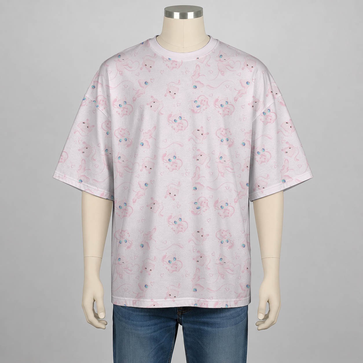 Cute Pink Mew Pokemon Drop Sleeve T-Shirt All Over Print Unisex Oversized S-6XL