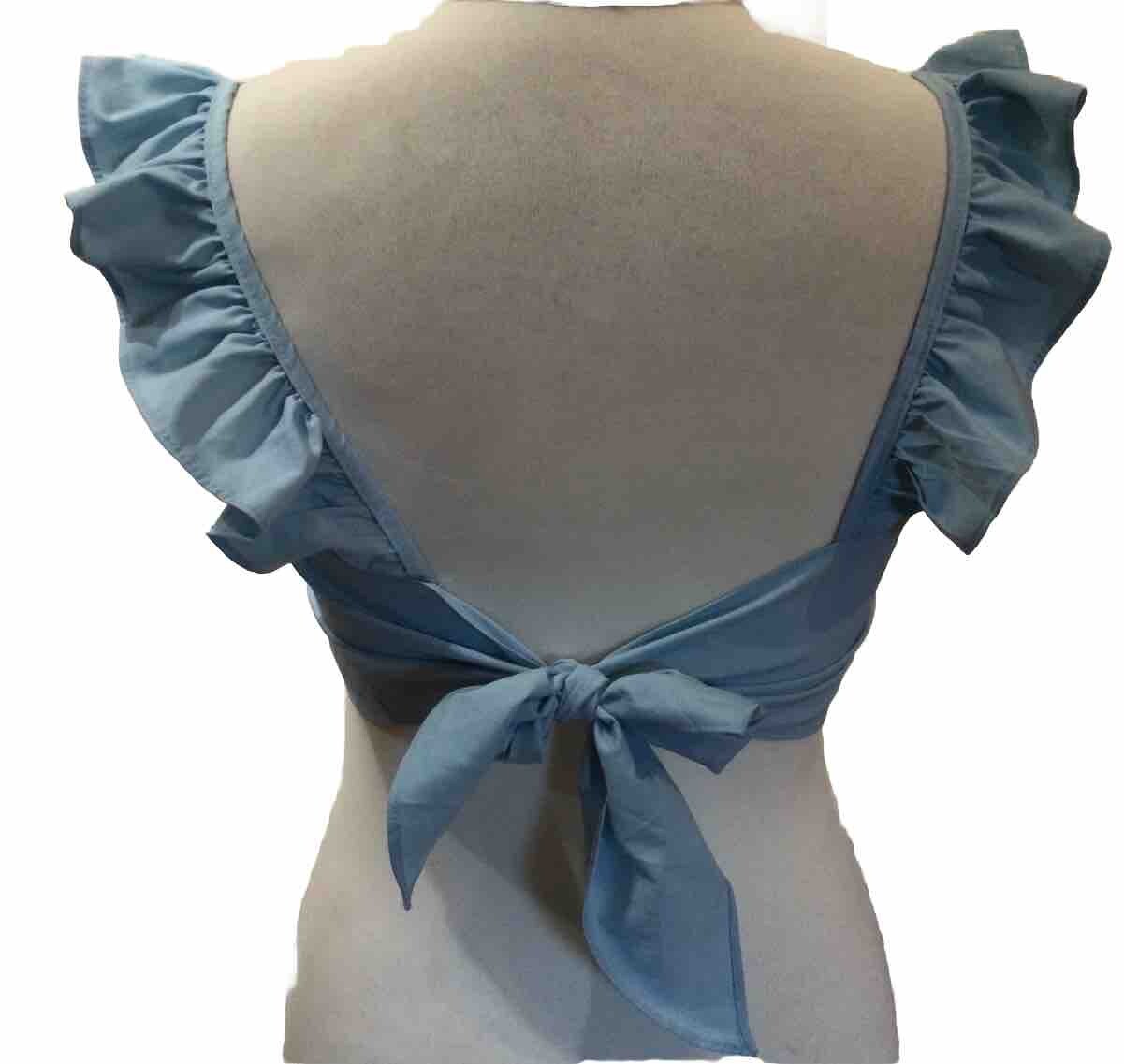 SHEIN Pale Blue Back Tie Ruffle Strap Cropped Top U.K. Small 6-8
