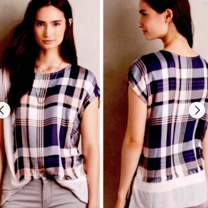 postmark gray/white/pink plaid fringe mixed media top Size small Anthropologie