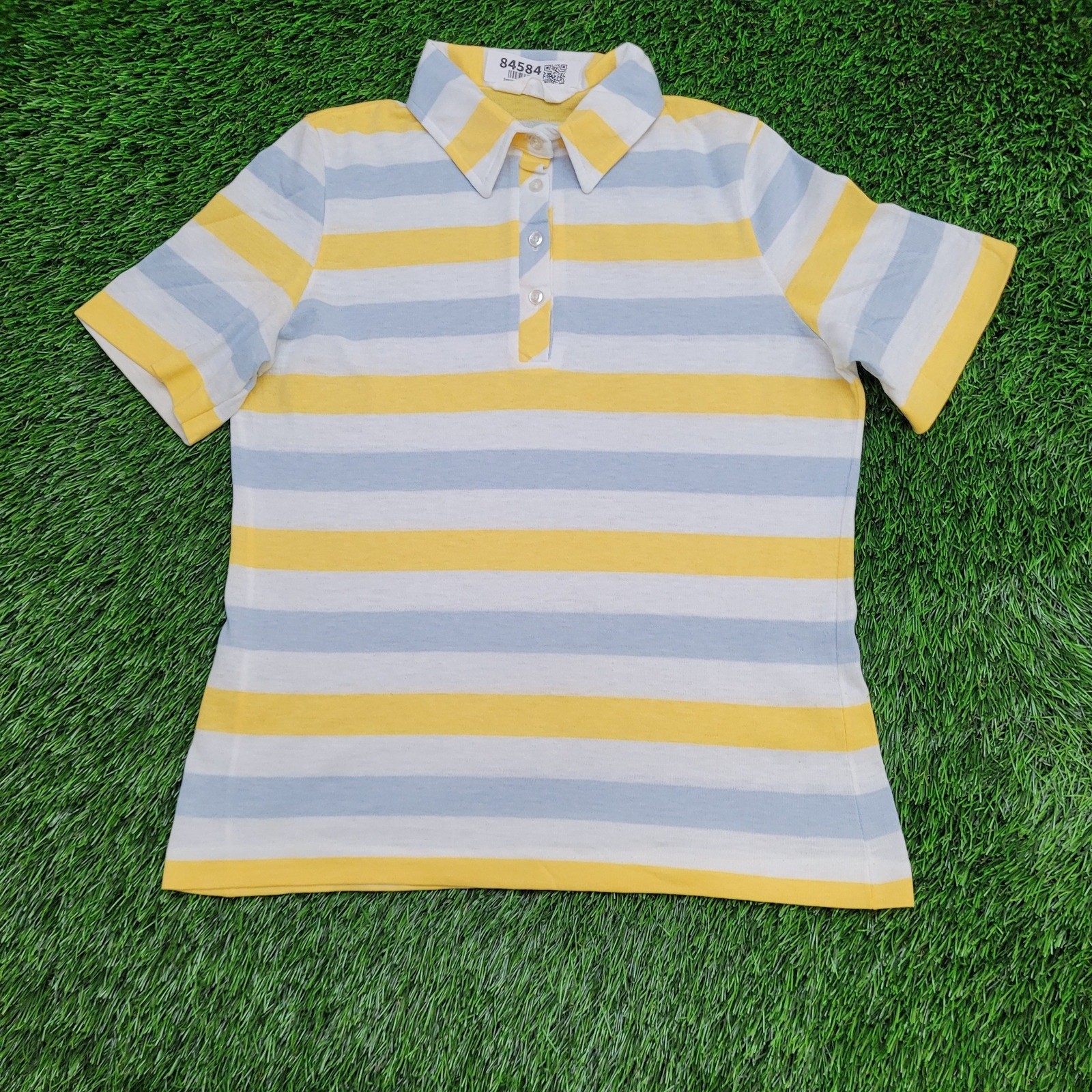Vintage 80s MOD Stripes Polo Shirt Womens S/M 18×24 Yelow Blue