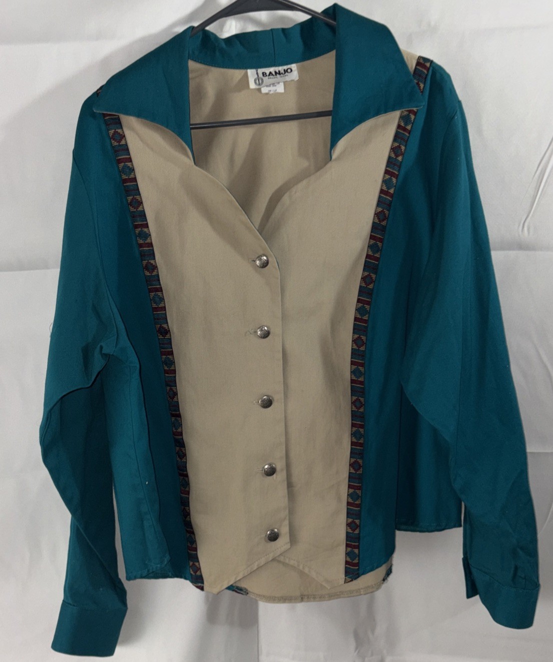 Vtg Banjo Womens Ladies Top Cotton Western Cropped Long Sleeve Shirt Rodeo