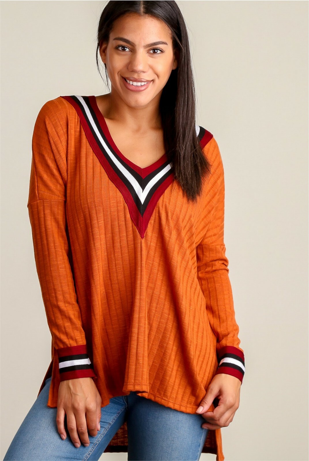 Sun & Moon Women’s Burnt Orange V-Neck Knit Tunic Top Small, Medium, Large