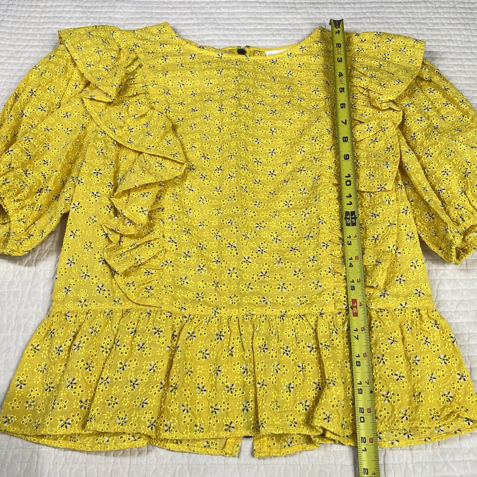 A Loves A Womens Floral Eyelet Ruffle Cottage Boho Yellow Top Size L Zip Back