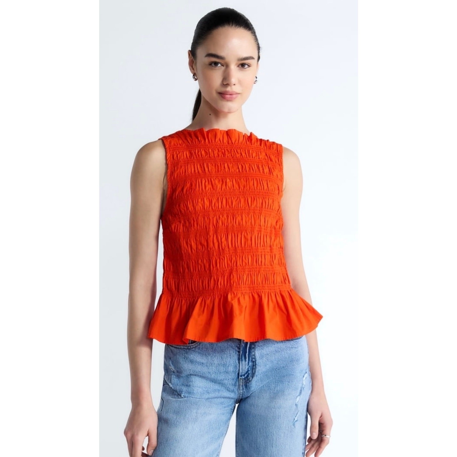 Free Assembly women’s smocked peplum sleeveless cotton top XL orange choker neck
