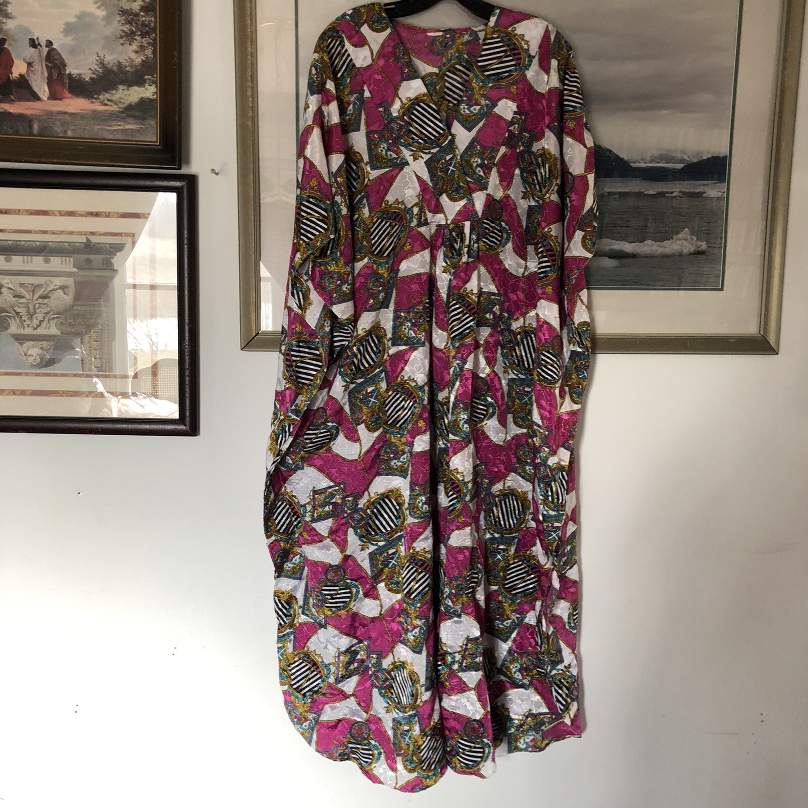 Vtg 90s Kimono Pink Black White Print Kaftan Kimono Coverup One Size A183