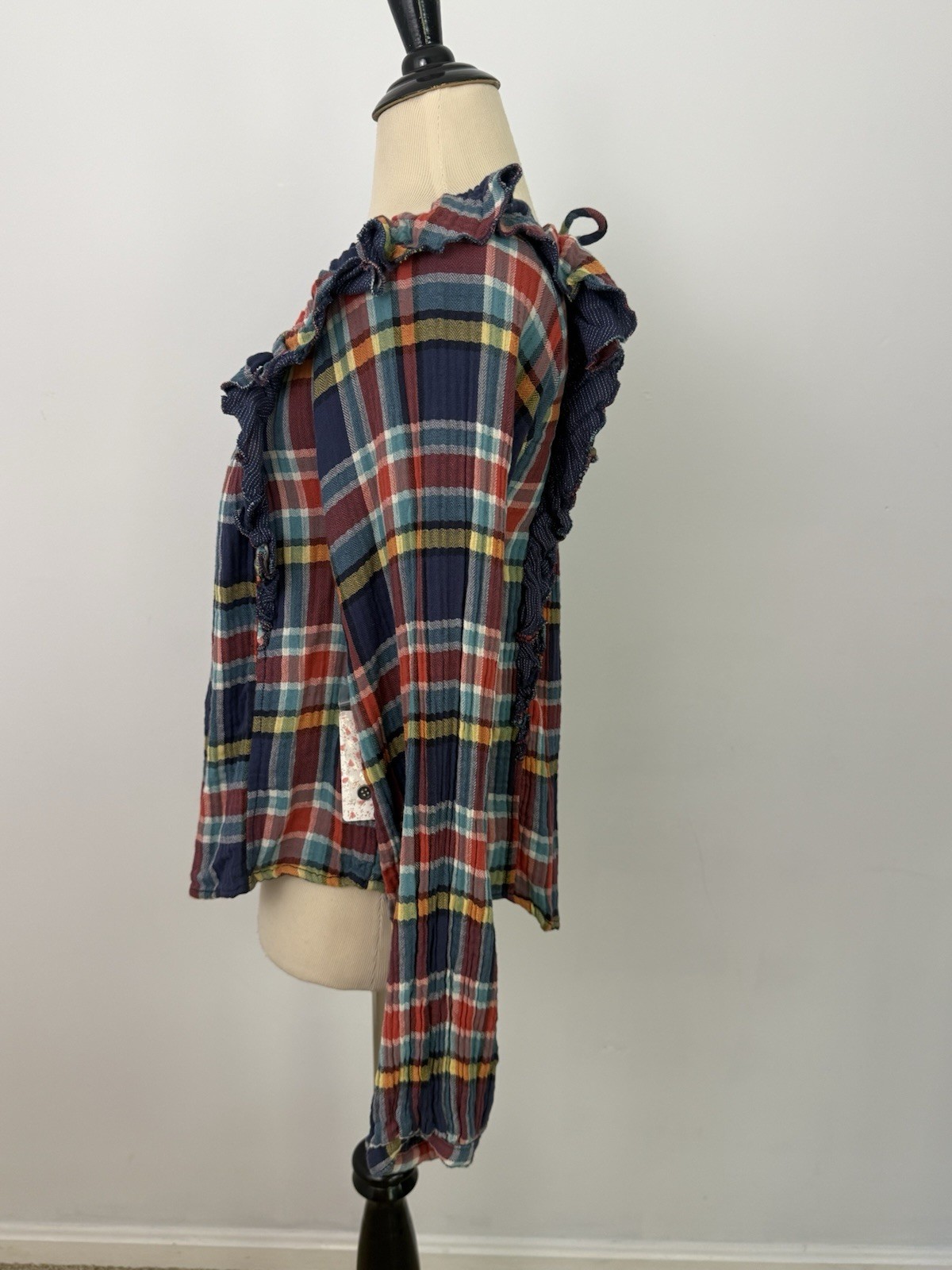 We the FREE PEOPLE New Siena Plaid Pullover TOP Small Babydoll Teal Country $118