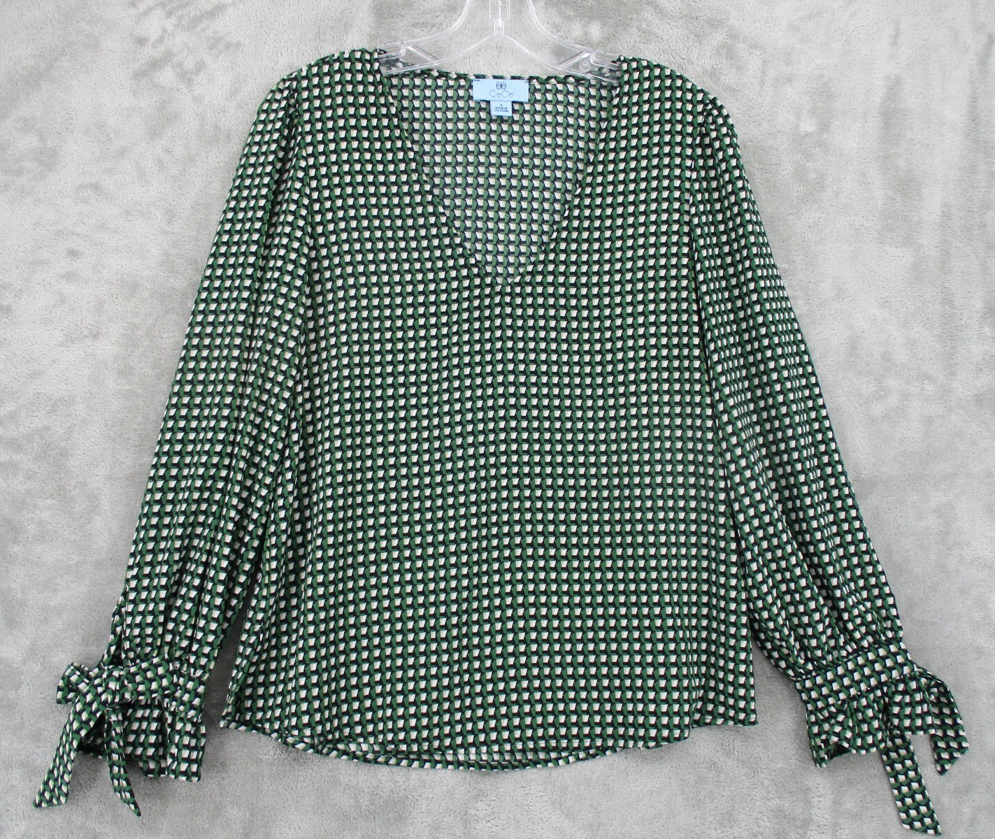 CeCe Blouse Small Kelly Green Career Classic Lightweight Tie Cuff Puff Sleeve