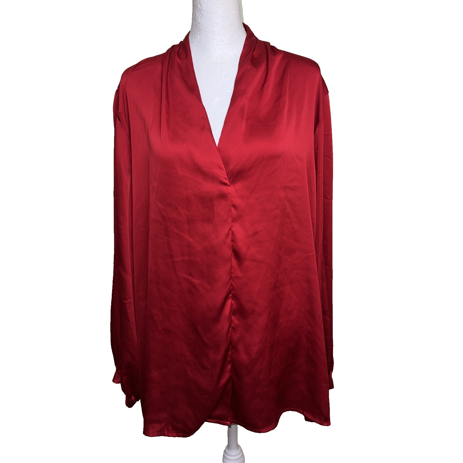 Chico’s Red Satin Blouse Size 3 XL Silk-Feel Deep V-Neck Long Sleeve Luxe Chic