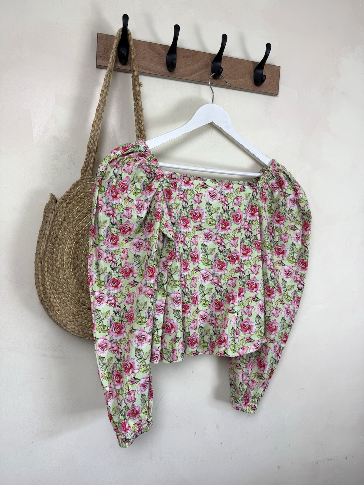 Joe Browns Floral Milk Maid Blouse UK10-12 Green Pink Roses Puff Sleeves Cotton